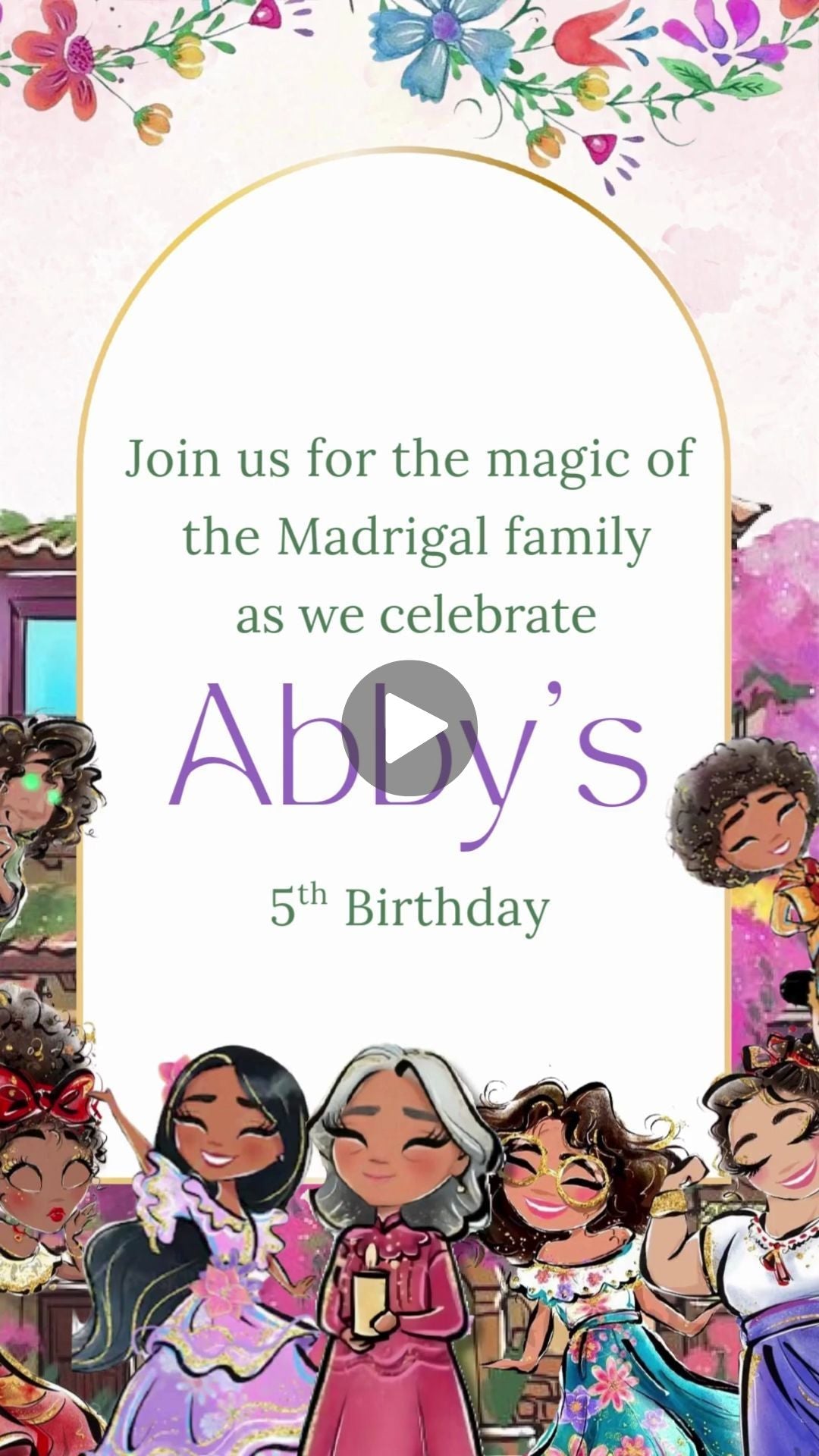 Animated Encanto themed birthday video invitation template featuring a colorful magical house, blooming tropical flowers, and glowing golden butterflies.