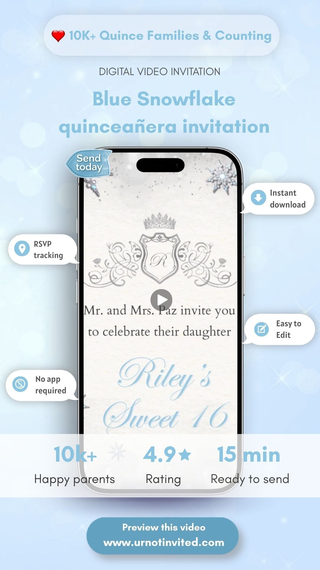 Snowflake Quinceañera Winter Theme Animated Digital Video Invitation - urnotinvitedAdult BirthdayurnotinvitedurnotinvitedINV-1249Video OnlySnowflake Quinceañera Winter Theme Animated Digital Video Invitation