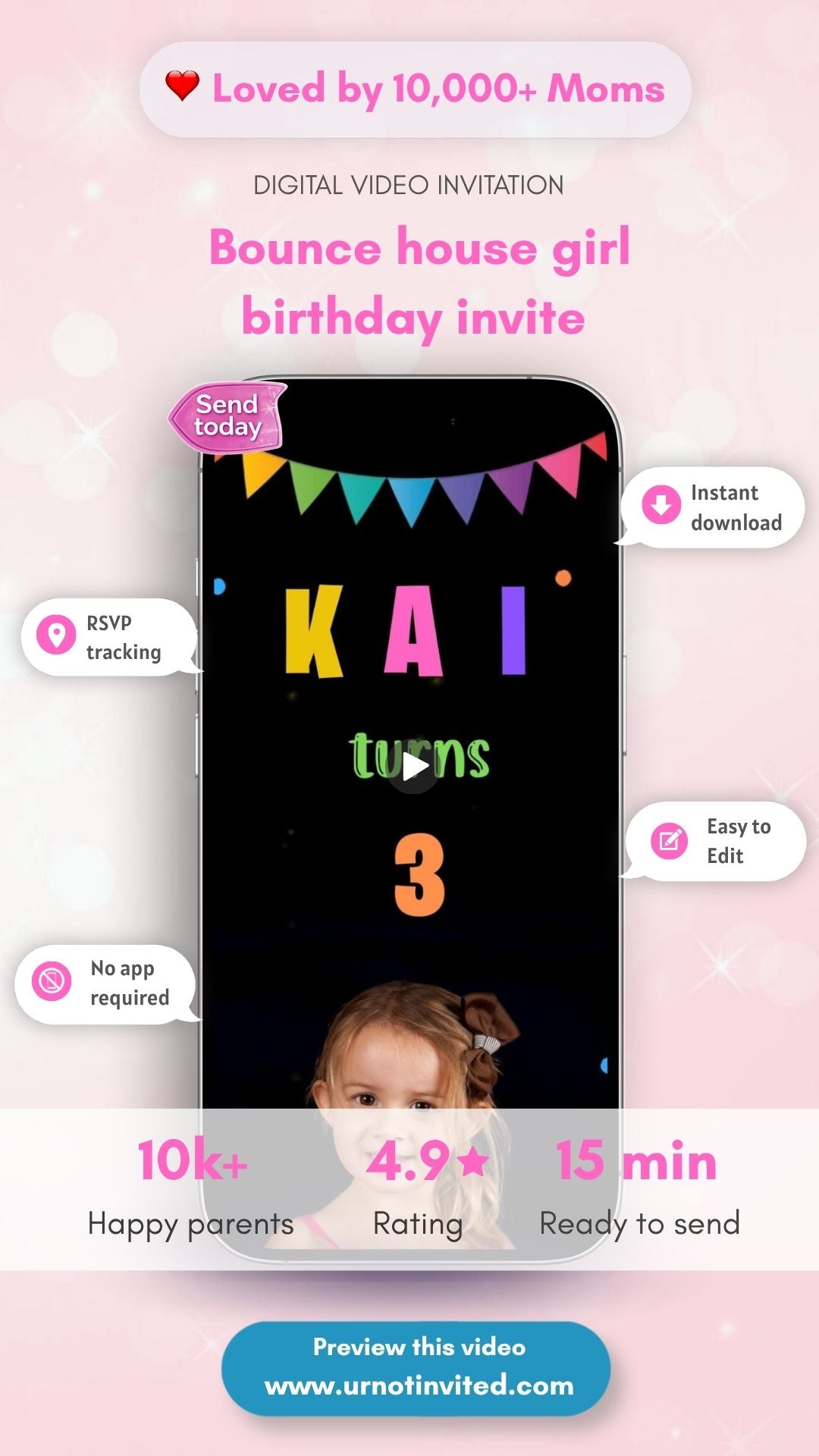 Bounce House girl Birthday Party Invitation – Kids Bouncy Castle Digital Invite Template | Canva Template | Instant Download