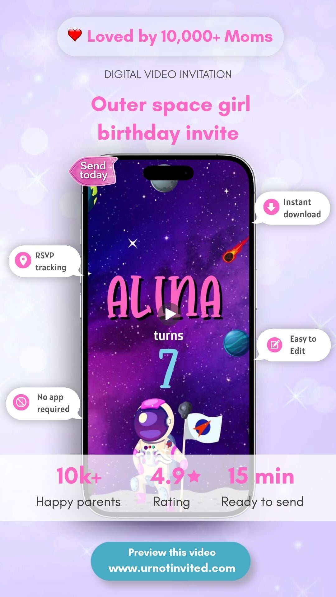 Outer Space Girl Birthday Invitation - Outer Space Theme Party Invite | Canva Template | Instant Download