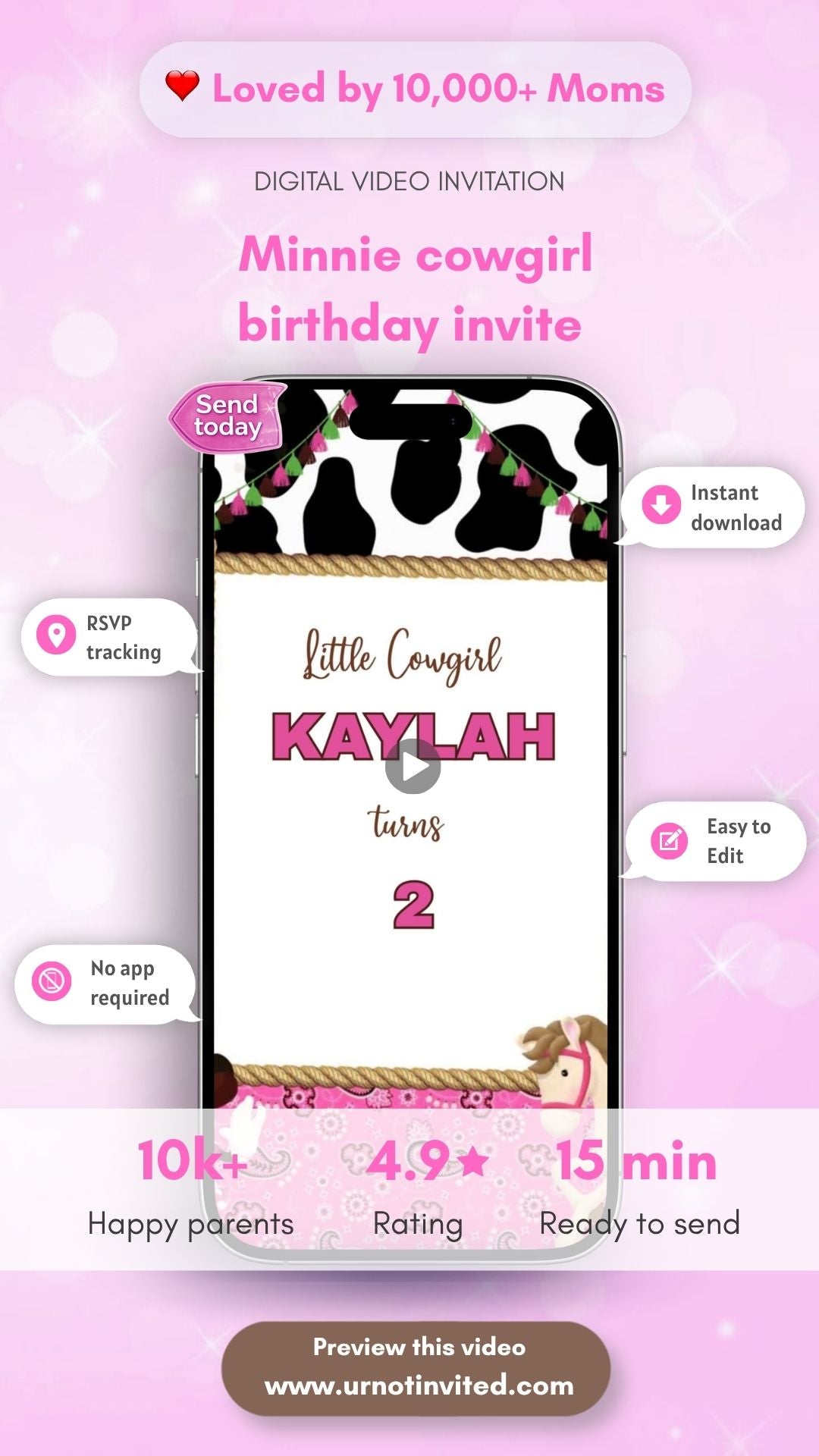 Minnie Mouse Cowgirl Birthday Invitation - Minnie Cowgirl Theme Invite | Canva Template | Instant Download
