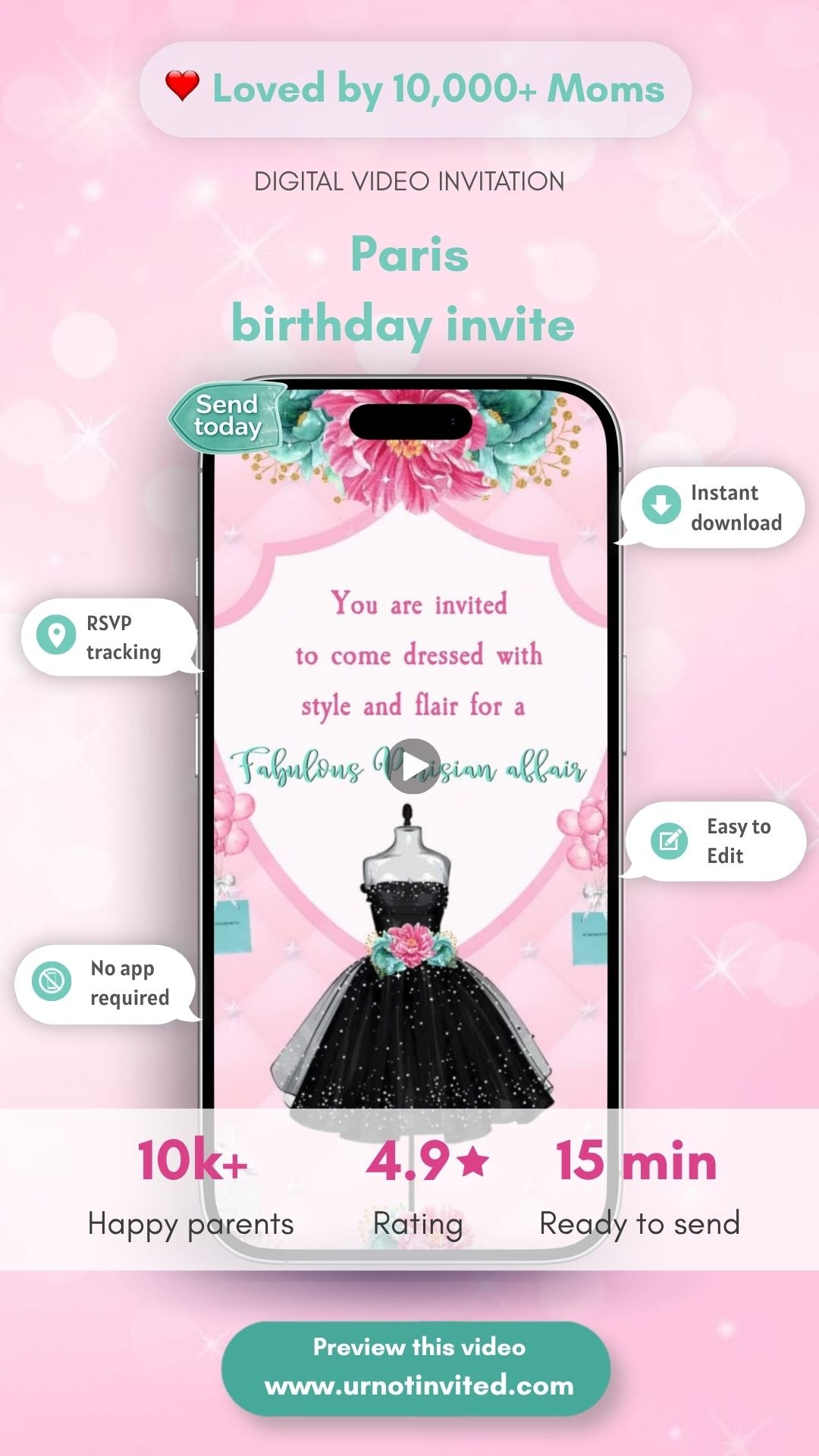 Paris Birthday Video Invitation - Paris Pink Floral Theme Birthday Party Invite | Canva Template | Instant Download