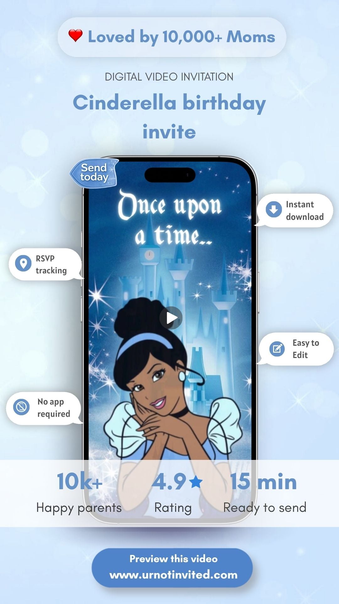 Cinderella Themed Birthday Invitation – Brown Skin Princess Party Invite | Canva Template | Instant Download