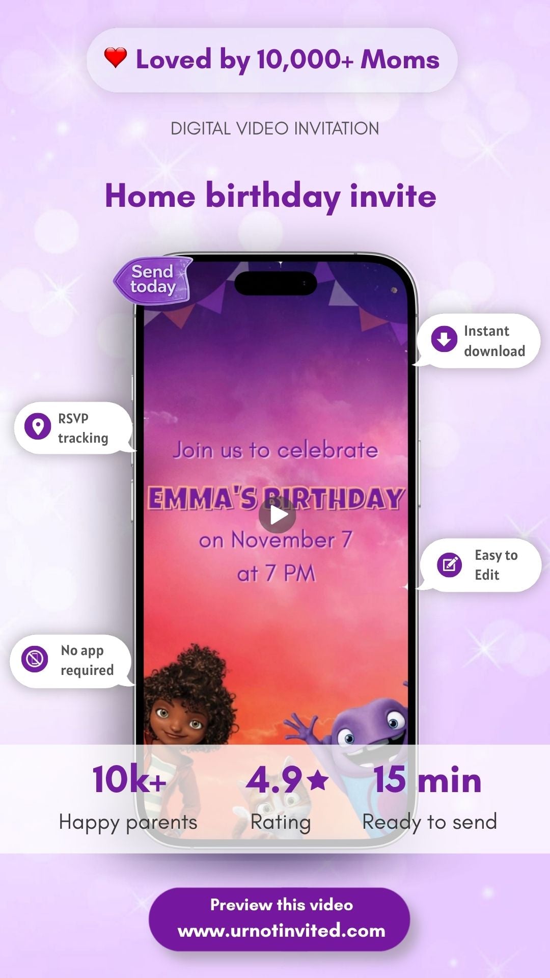 Home Birthday Video Invitation - Home Movie Theme Party Invite | Canva Template | Instant Download
