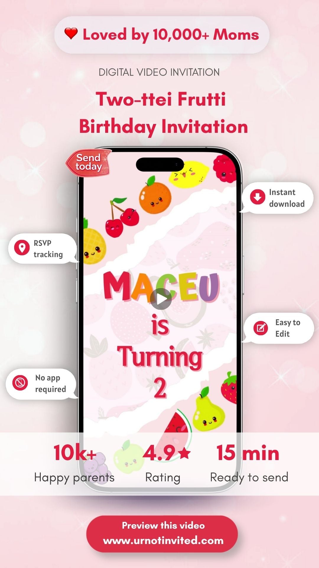 Two-tti Frutti  Birthday Video Invitation – Tutti Frutti Theme Animated Digital Invite | Canva Template | Instant Download