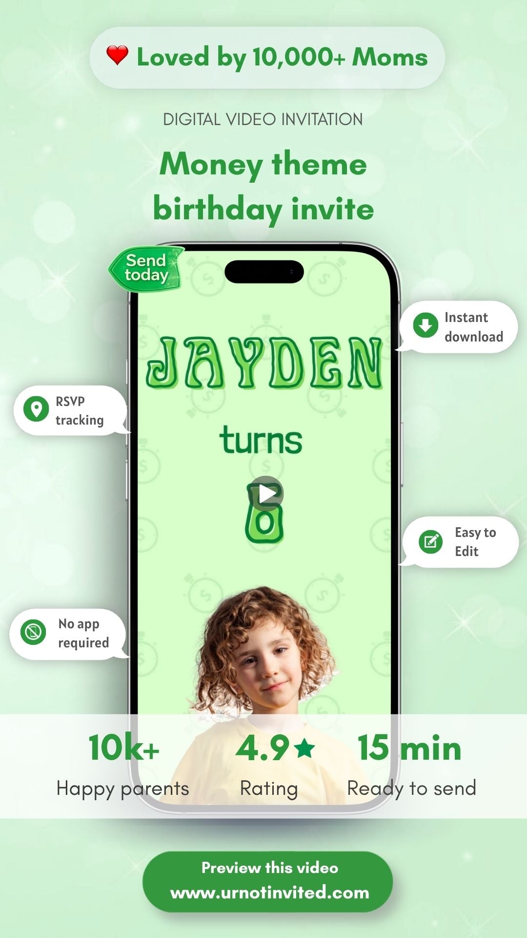 Money Theme Birthday Invitation – Dollar Bills Falling Party Invite | Canva Template | Instant Download