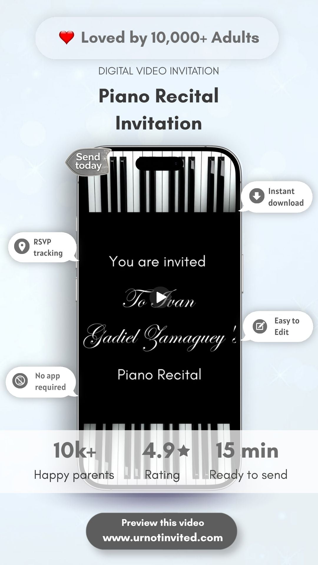 Piano Recital Birthday Video Invitation - Piano Recital Theme Party Concert Invite | Canva Template | Instant Download