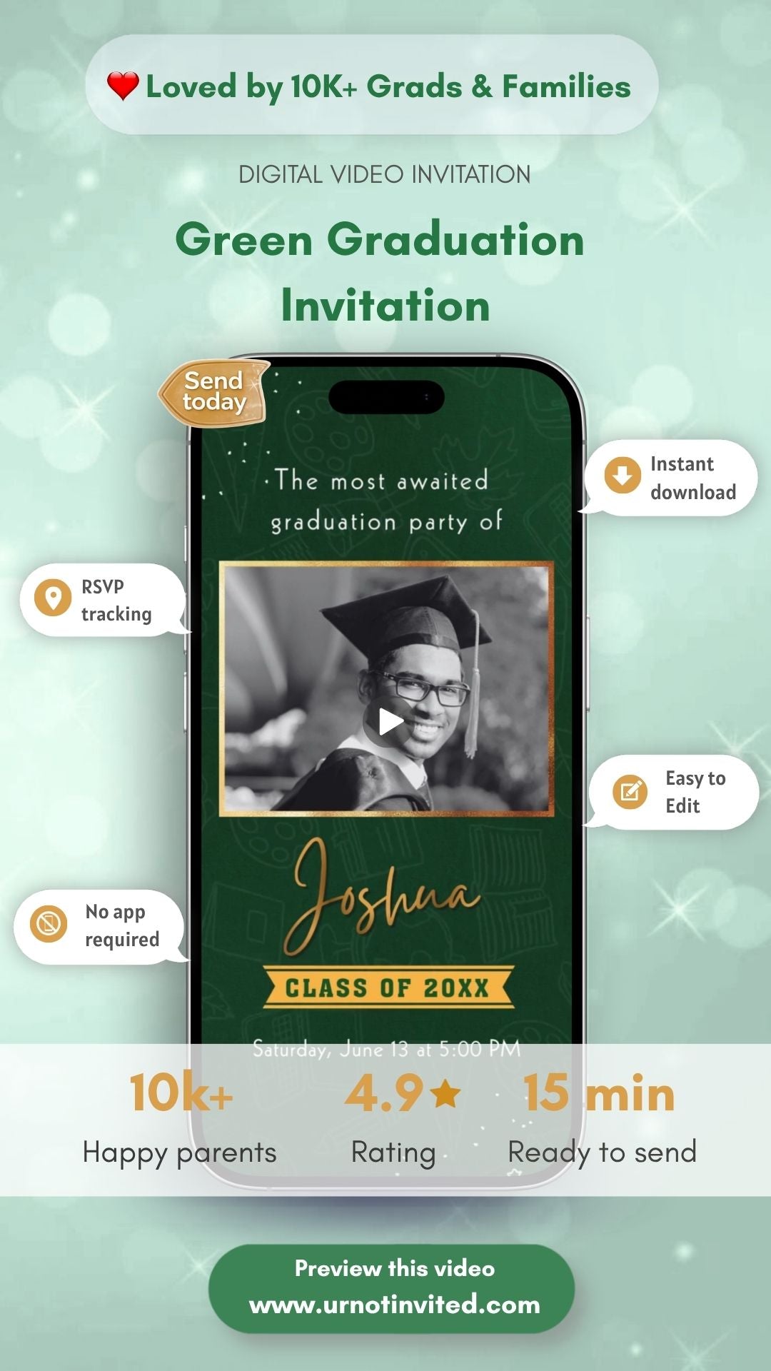 Graduation Party Animated Green Invitation - Graduation Animated Green Theme Invite | Class of 2026 Invite | Canva Template | Instant Download