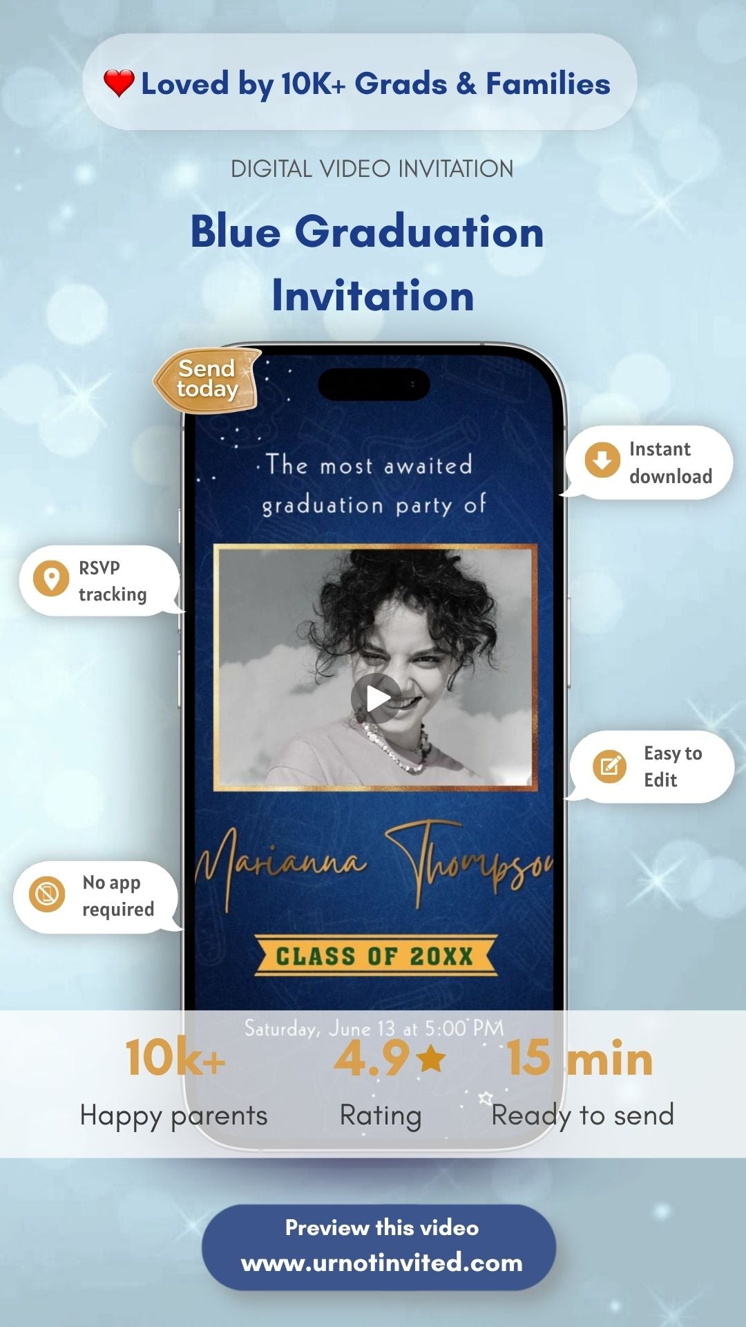 Graduation Party Animated Blue Invitation - Graduation Animated Blue Theme Invite  | Class of 2026 Invite | Canva Template | Instant Download