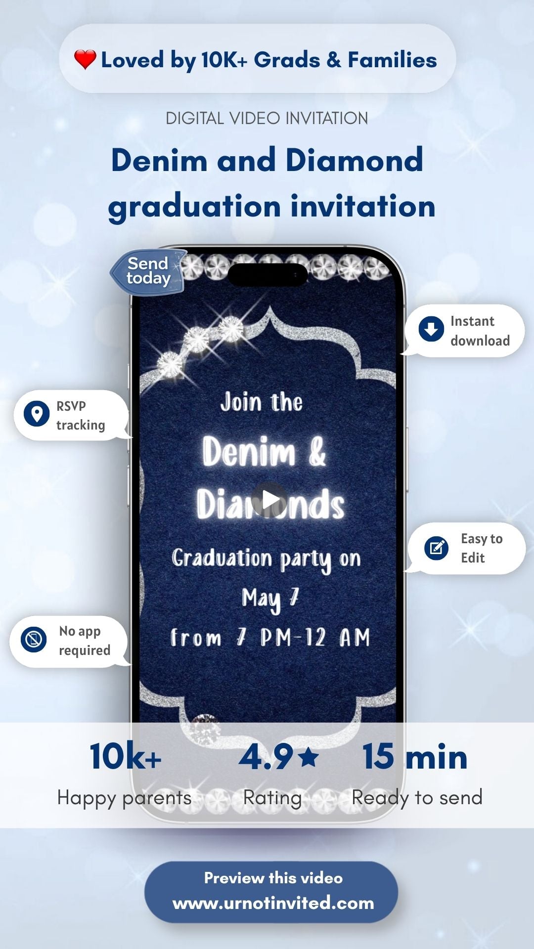 Denim &amp; Diamond Graduation Invitation -  Shine Like Diamond Graduation Digital Invite | Class of 2026 Invite | Canva Template | Instant Download