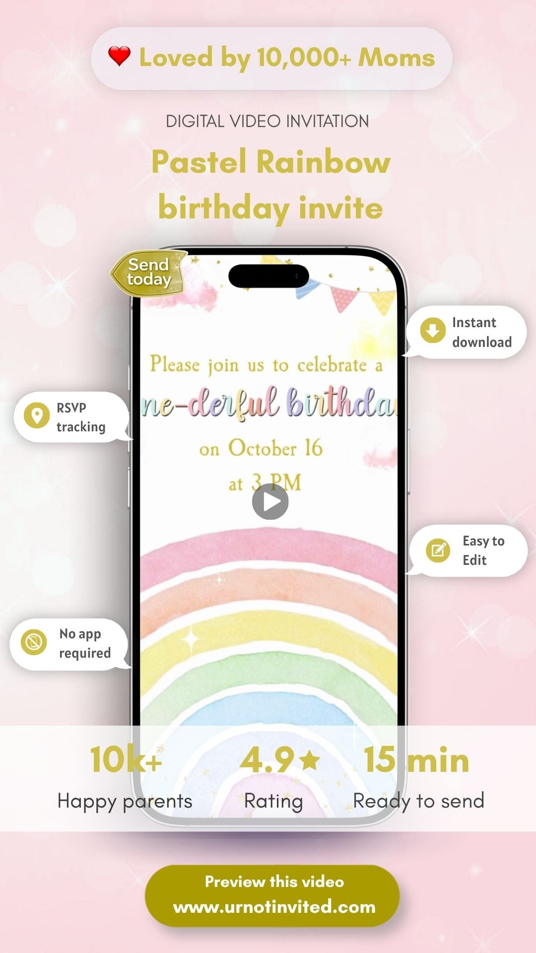 Pastel Rainbow Birthday Invitation - Pastel Colorful Rainbow Theme Party Invite | Canva Template | Instant Download