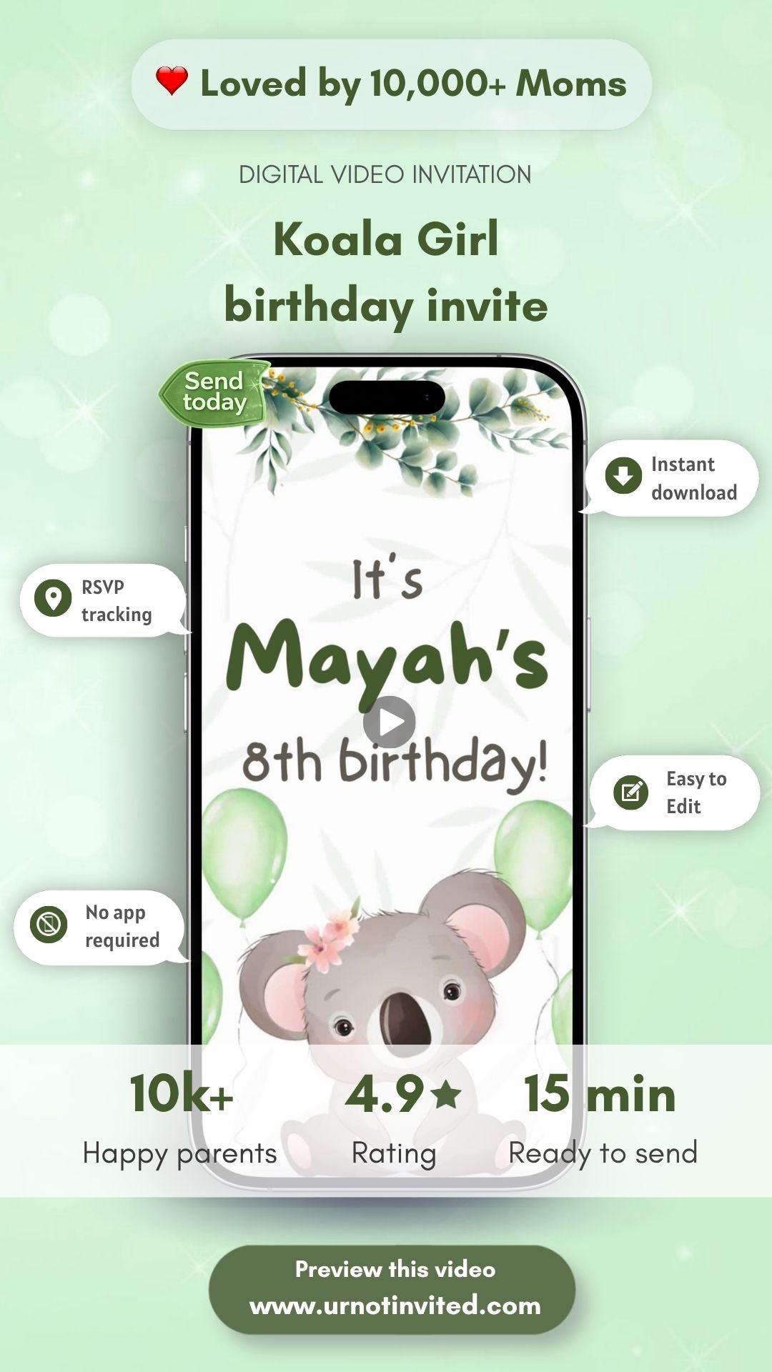 Koala Birthday Video Invitation - Koala Girl Theme Birthday Party Invite | Canva Template | Instant Download