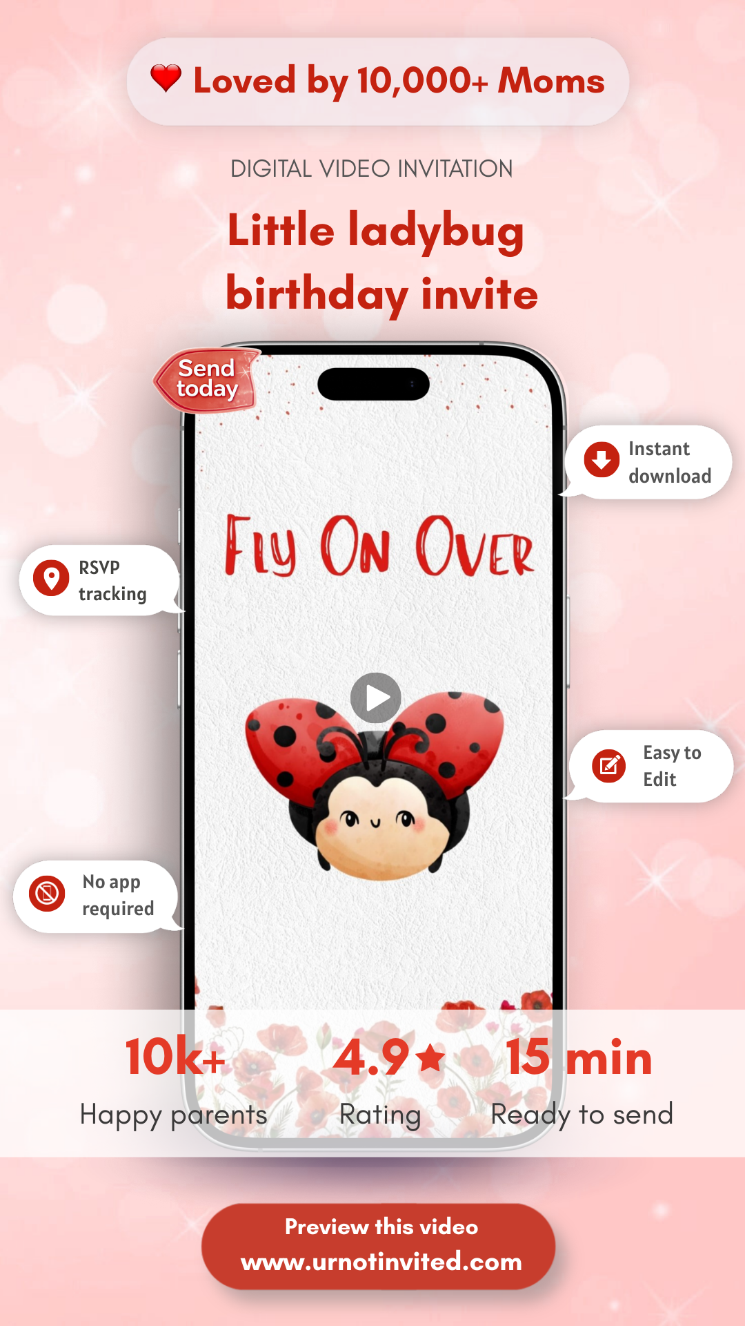 Ladybug &amp; Poppy Seed Flowers Birthday Video Invitation - Ladybug Theme Digital Birthday Party Invite