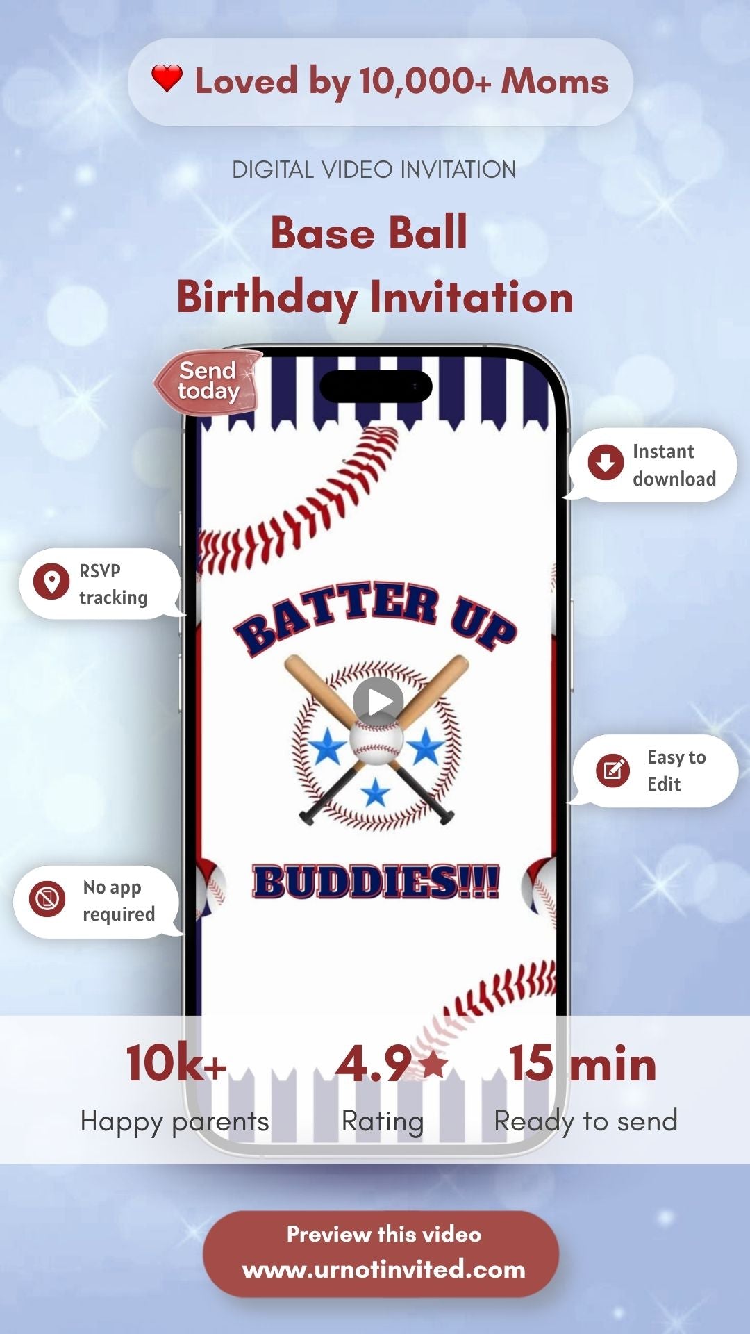 Baseball Birthday Video Invitation - Baseball Birthday Theme Party Digital Invite | Canva Template | Instant Download