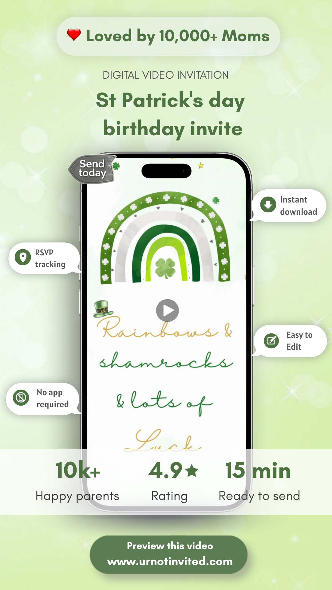 St Patrick's Day Birthday Video Invitation - St Patrick's Day Theme Digital Party Invite