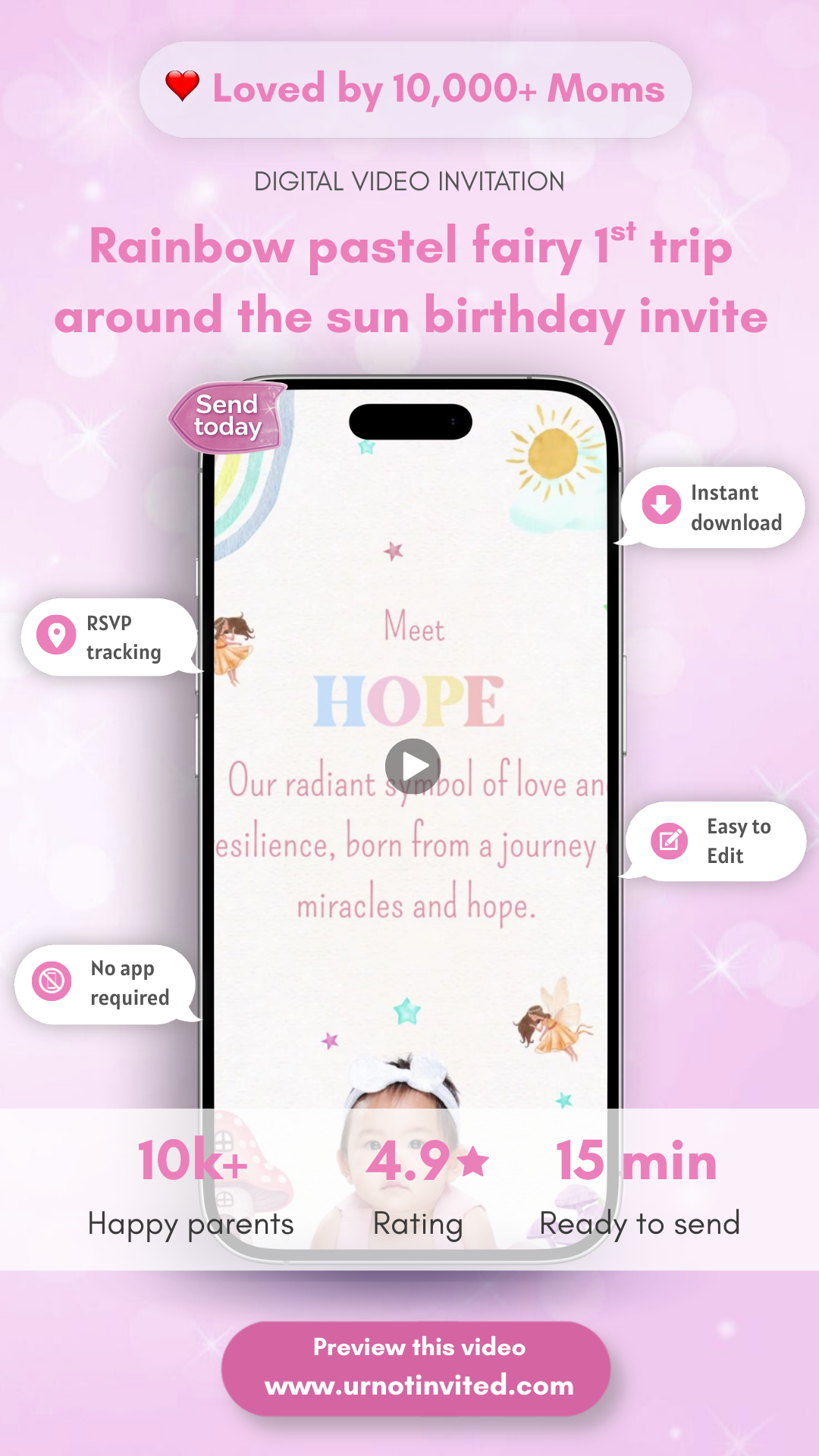 Rainbow Pastel Fairy 1st Trip Around The Sun Video Invitation - Rainbow Pastel Shade Theme Digital Invite