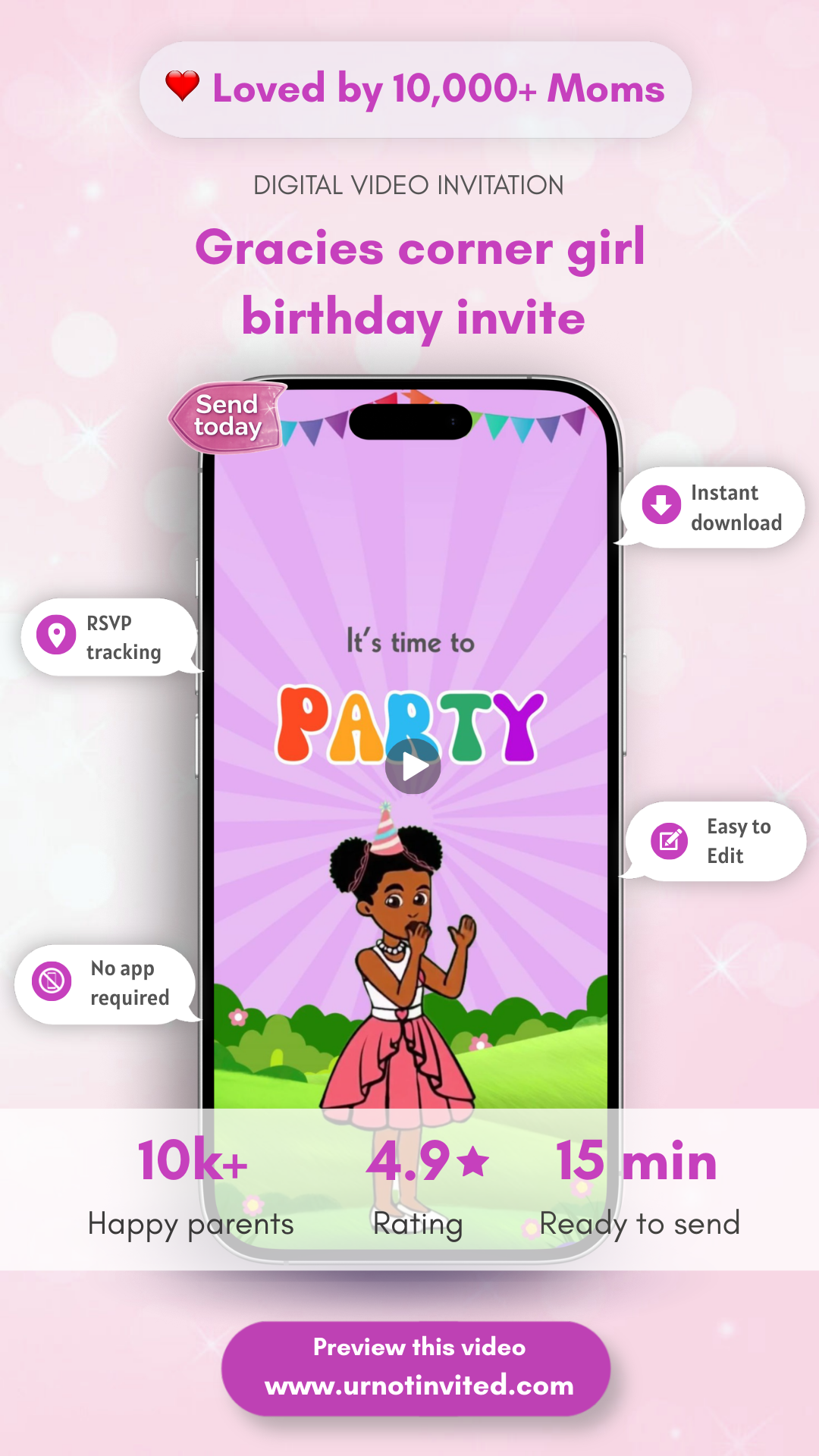 Cartoon Music Theme Girl Birthday Video Invitation | Kids Dance Party Evite | Canva Template | Instant Download