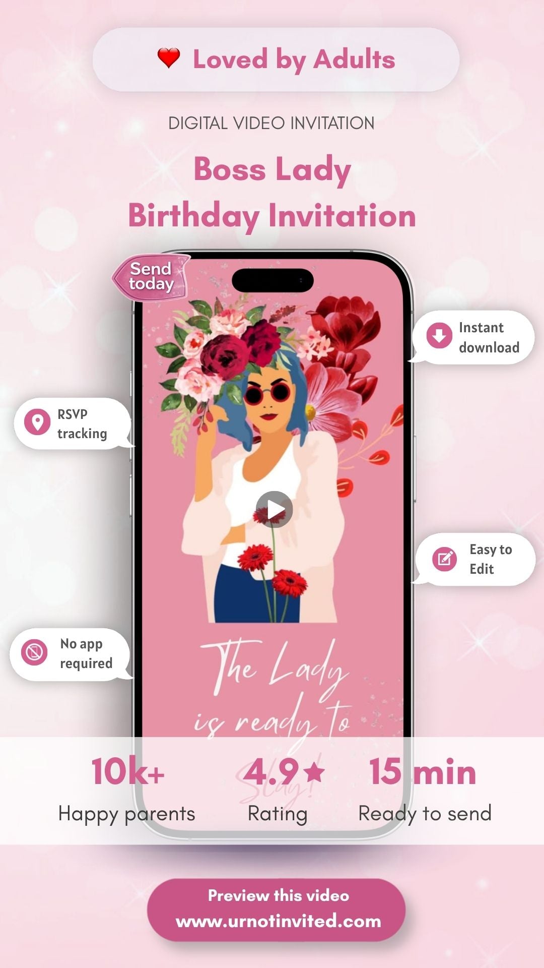 Boss Lady Birthday Video Invitation - Boss Lady Birthday Theme Digital Invite | canva template | instant download