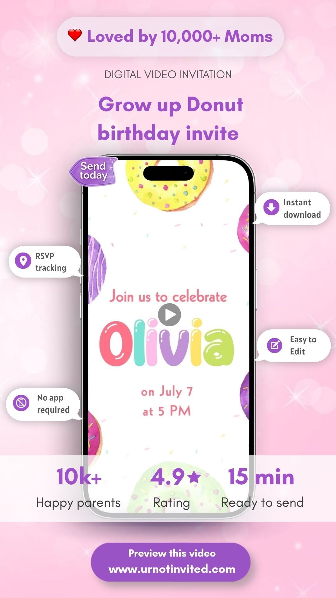 Donut Grow Up Birthday Invitation – Donut Theme Kids Party Digital Invite Template | canva template | instant download