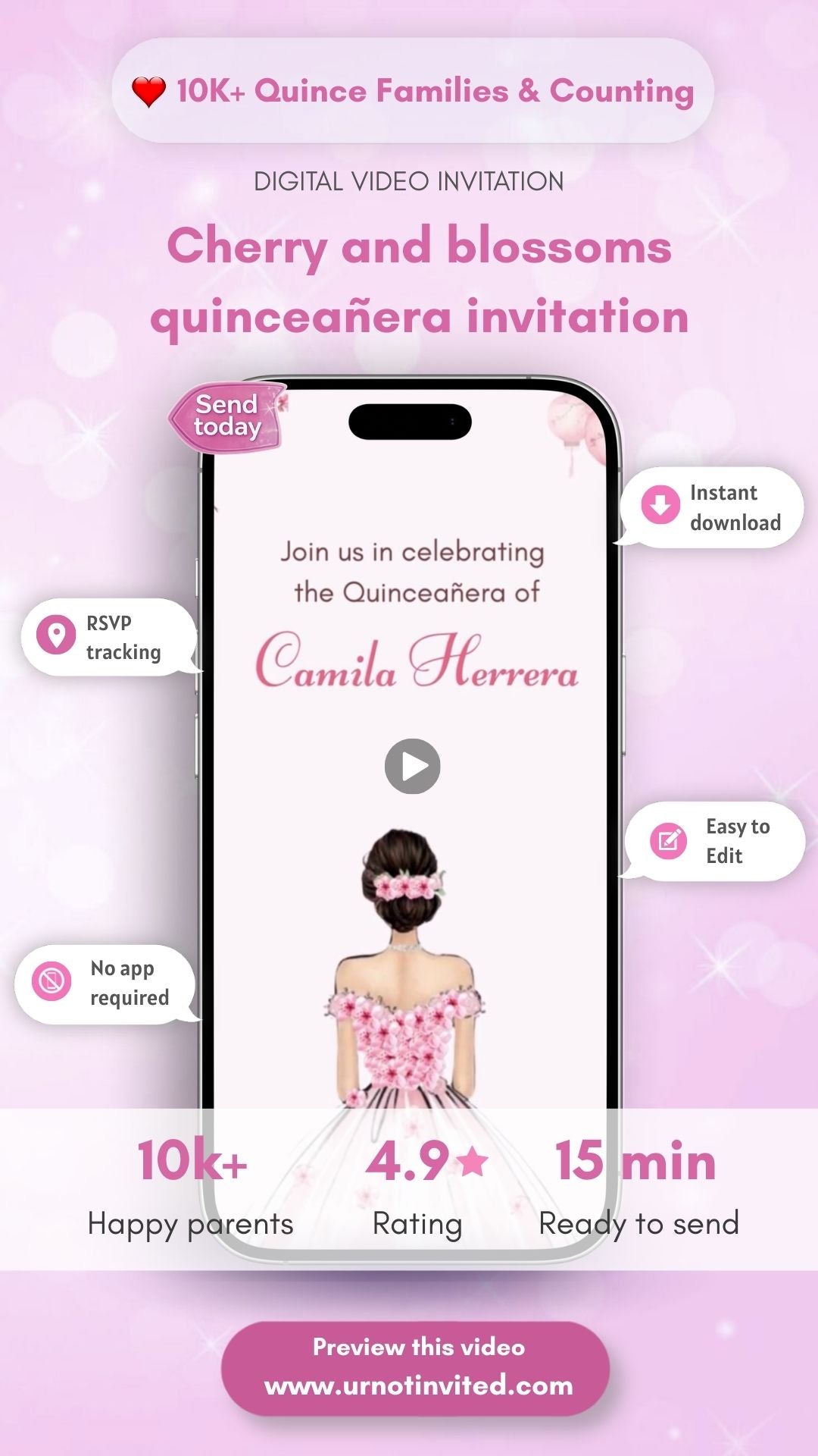 Cherry Blossom Quinceañera Invitation | Animated Canva Video Template | Instant Download, fairytale quinceañera invite