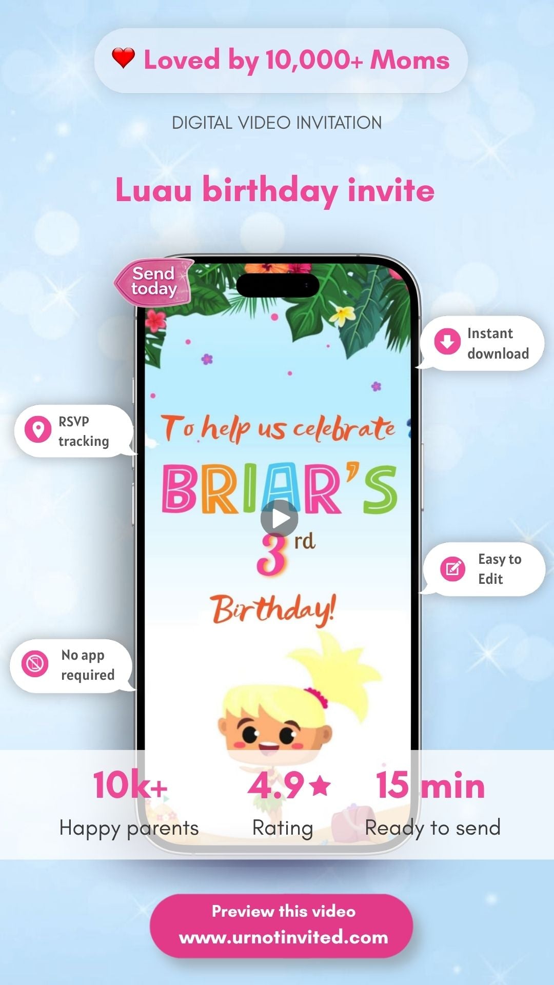 Luau Birthday Video Invitation – Tropical Hawaiian Party Animated Digital Invite | canva template | instant download