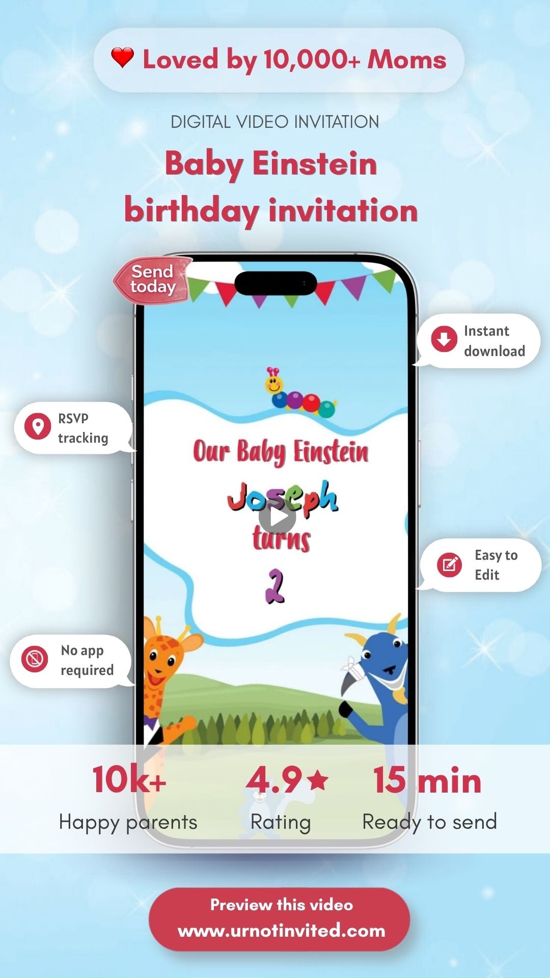 Baby Einstein Birthday Video Invitation - Baby Einstein Theme Digital Invite - Einstein Theme Kids Animated Invite  | Canva Template | Instant Download