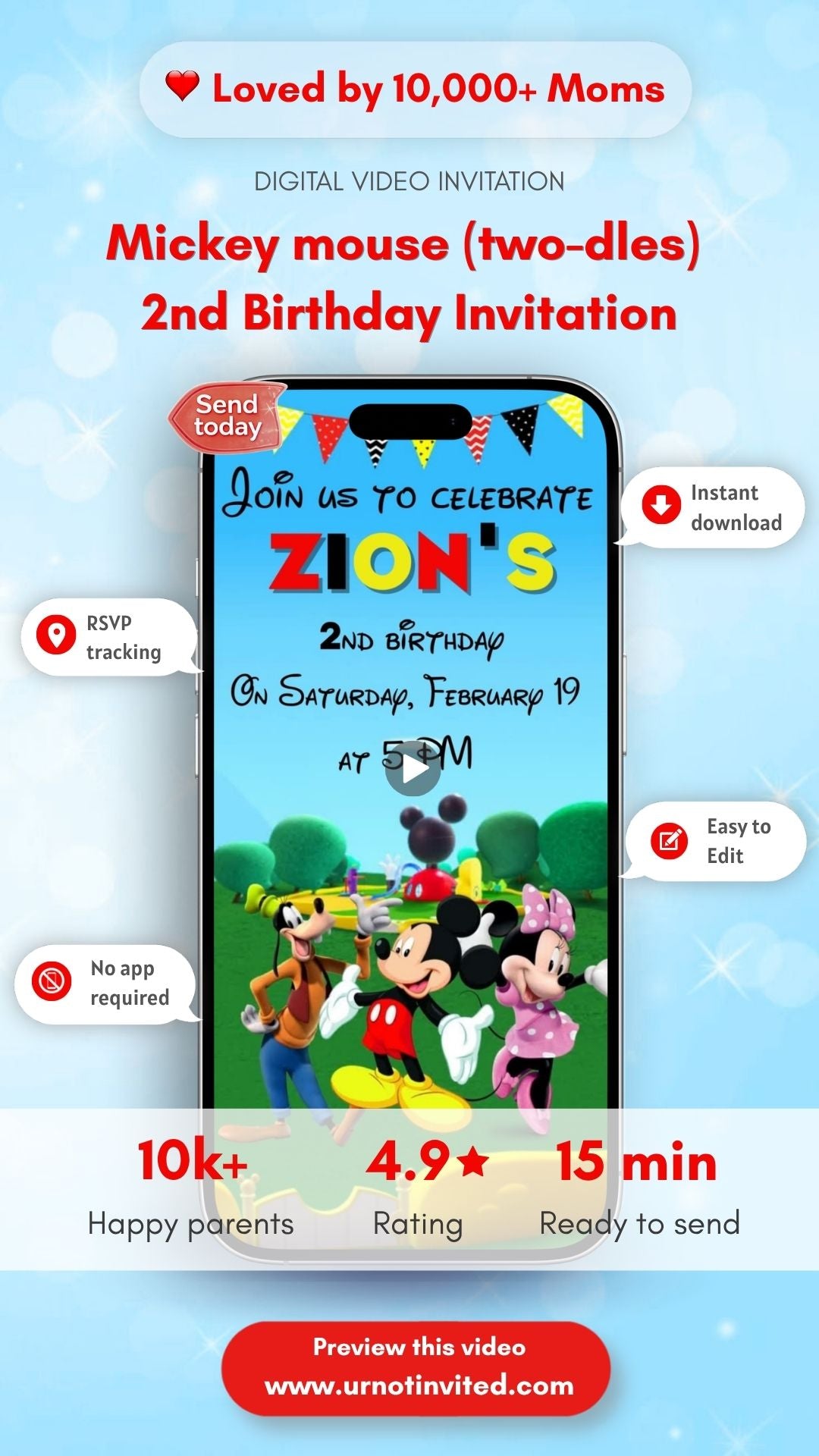 Mickey Mouse Two-dles Birthday Video Invitation – 2nd Birthday Animated Digital Invite | Canva Template | Instant Download