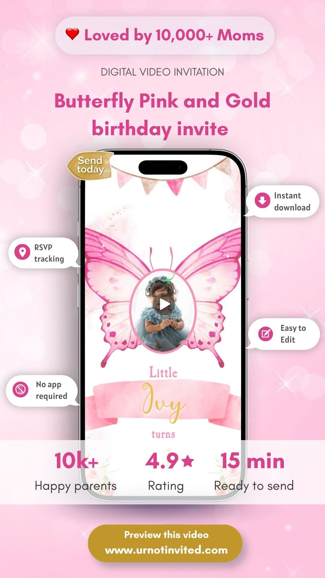 Butterfly Birthday Video Invitation - Pink &amp; Gold Butterfly Birthday Video Invitation – Elegant Animated Party Digital Invite | Canva Template | Instant Download