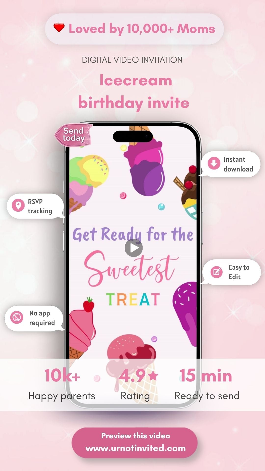 Two Sweet Ice-cream Birthday Invitation - Sweetest Treat Birthday Party Invite | Canva Template | Instant Download