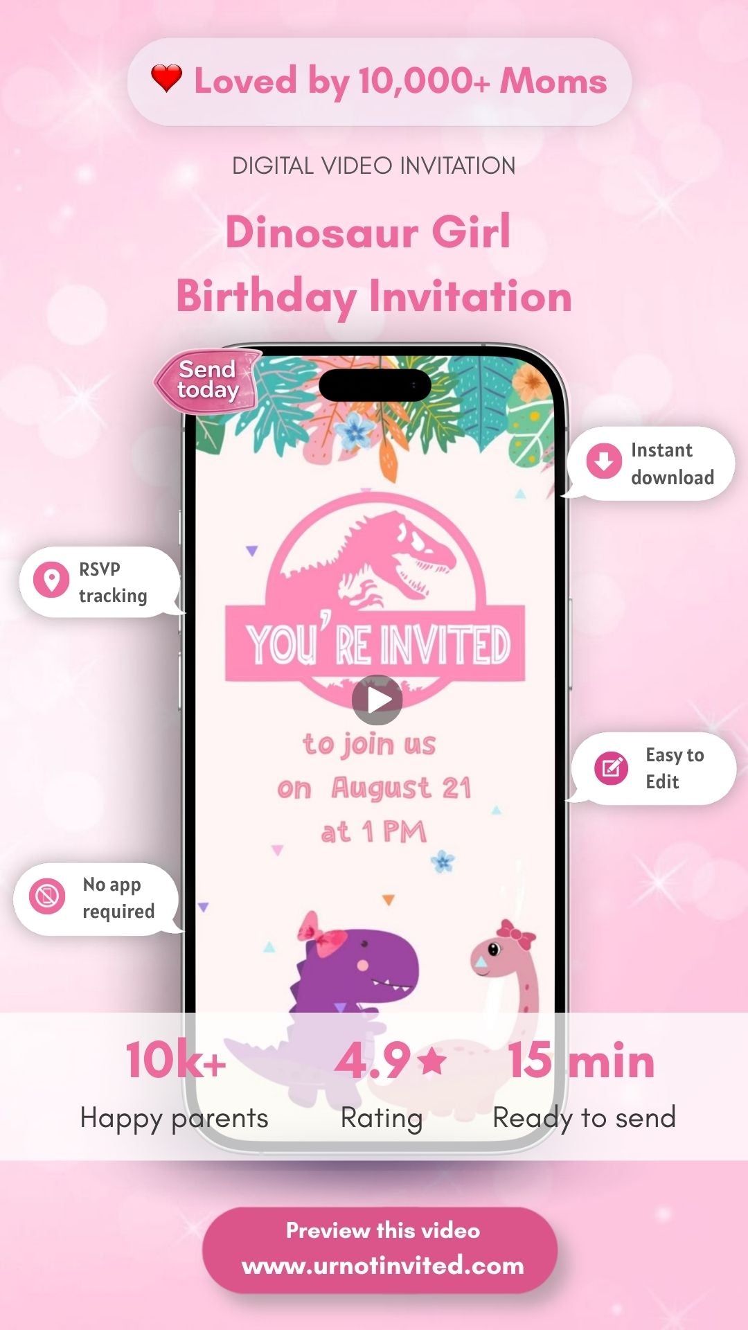 Invitación de cumpleaños de dinosaurio para niña - Invitación a fiesta de rugido de dinosaurios para niñas