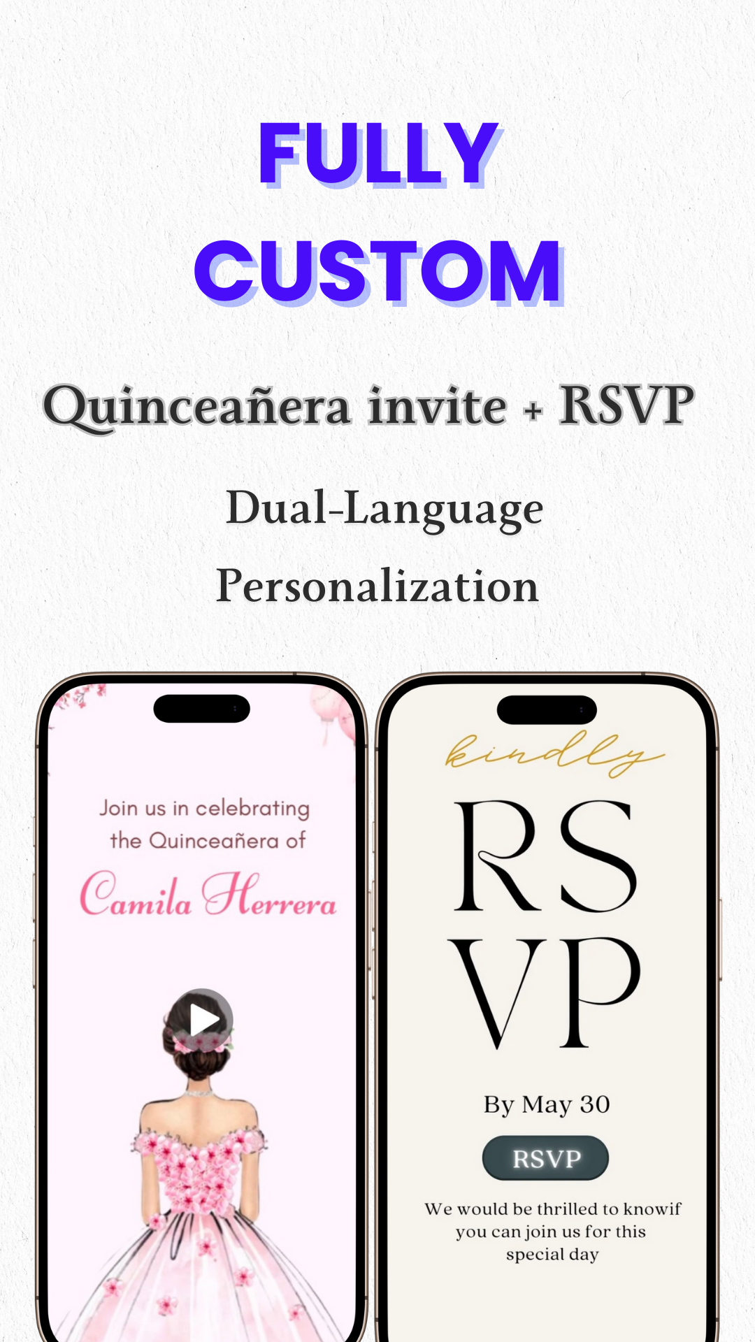 Fully Custom Bilingual Quinceañera Video Invitation (English + Your Choice) — Includes RSVP Tracking