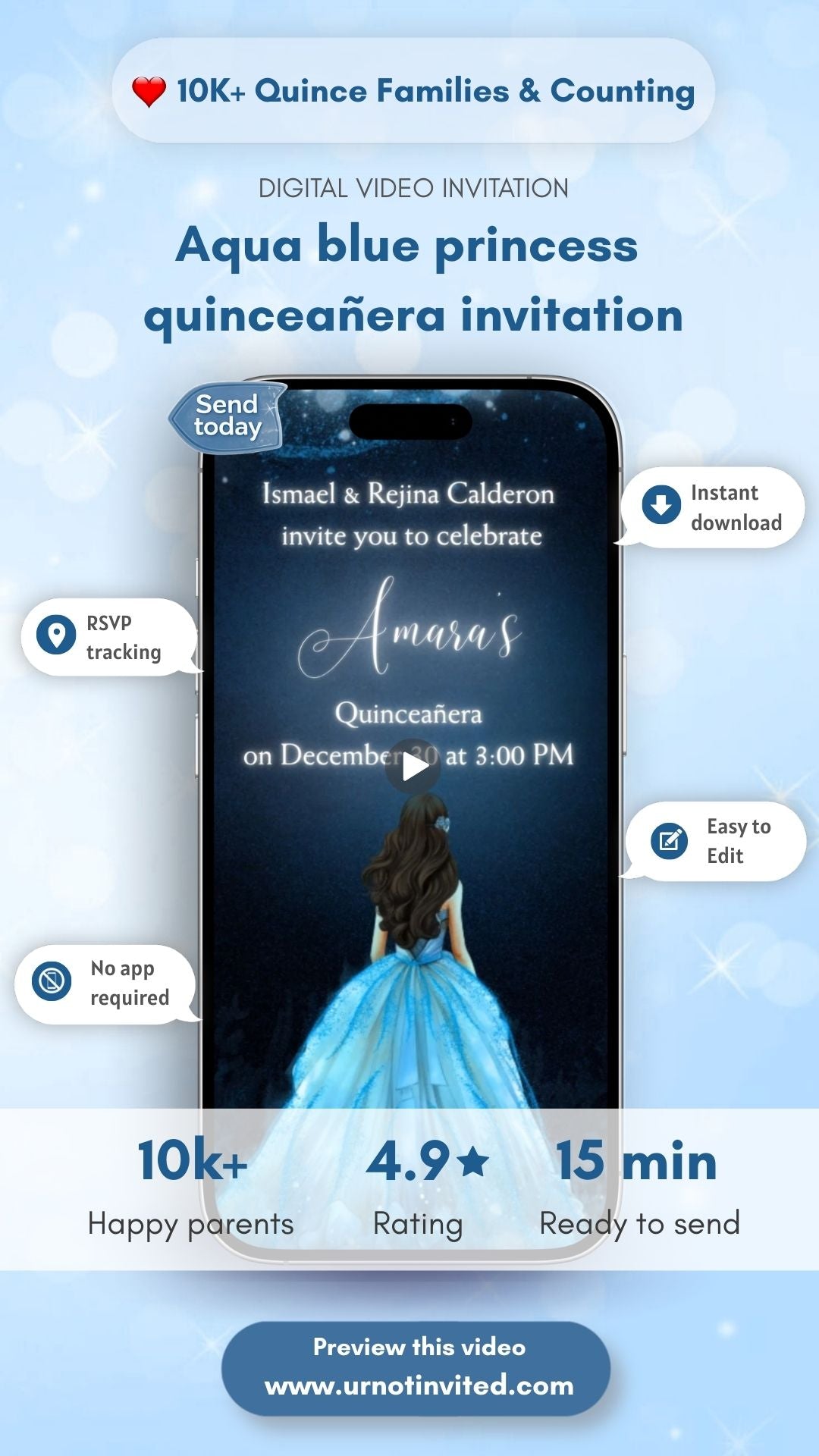 Aqua Blue Princess Quinceañera invitation - Underwater Ocean-themed Party Invite | Canva Template | Instant Download