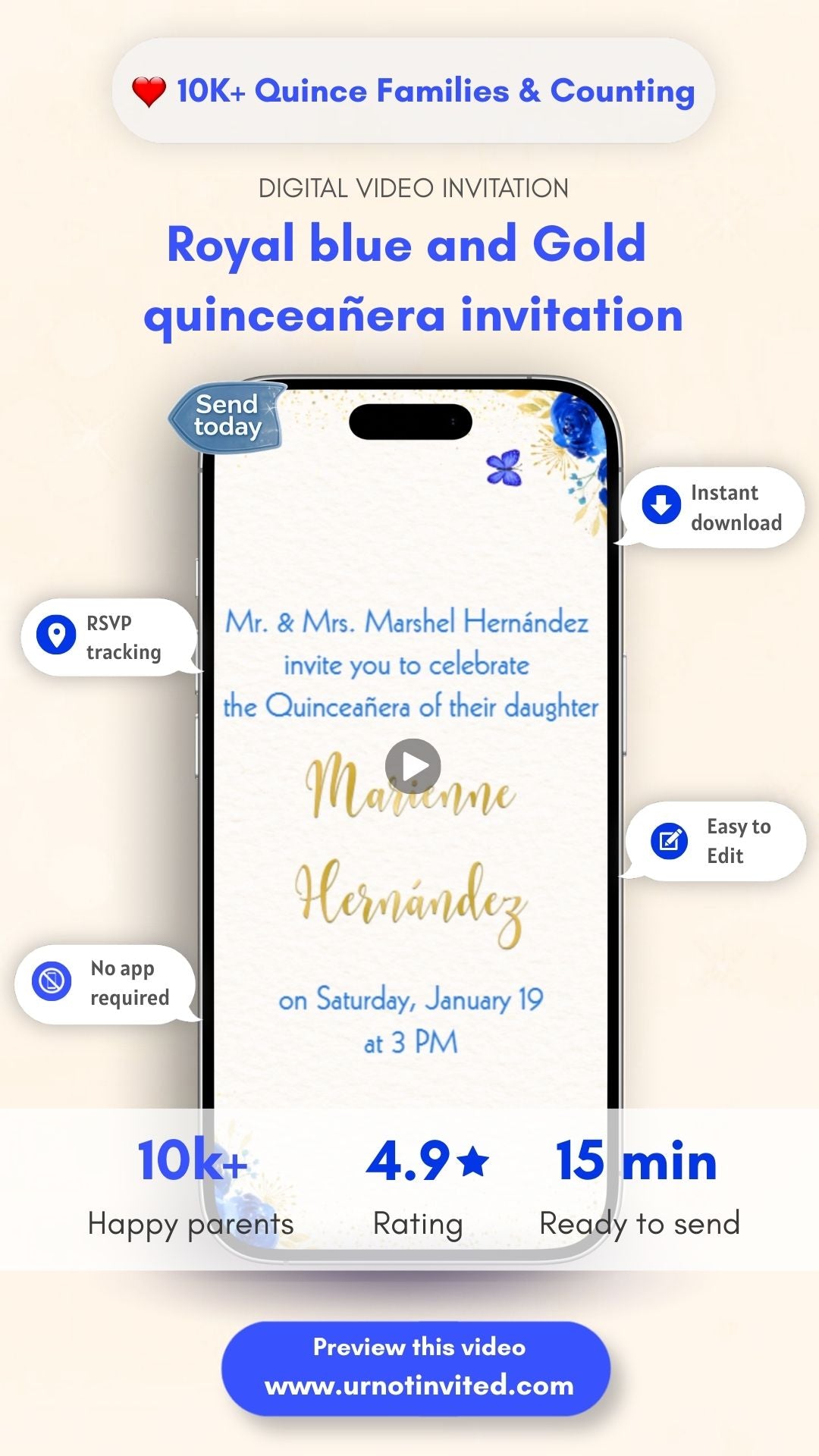 Royal Blue &amp; Gold Quinceañera Video Invitation -  Quinceañera Theme Royal Blue &amp; Gold Digital Invite| canva template | Instant download