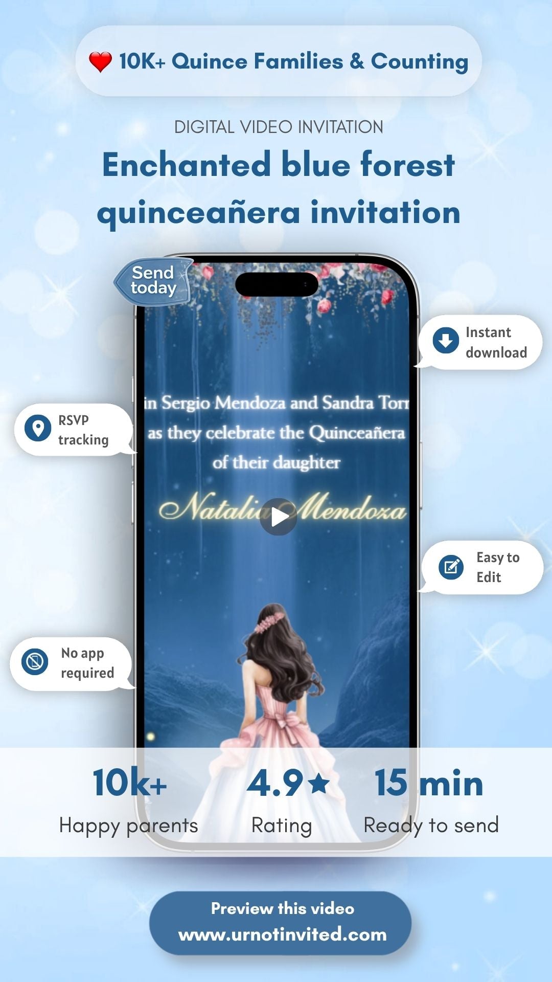 Enchanted Blue Forest Quinceañera Video Invitation | Whimsical Fairy Quinceañera Party Invite | Editable Canva Video Invitation | Instant Download