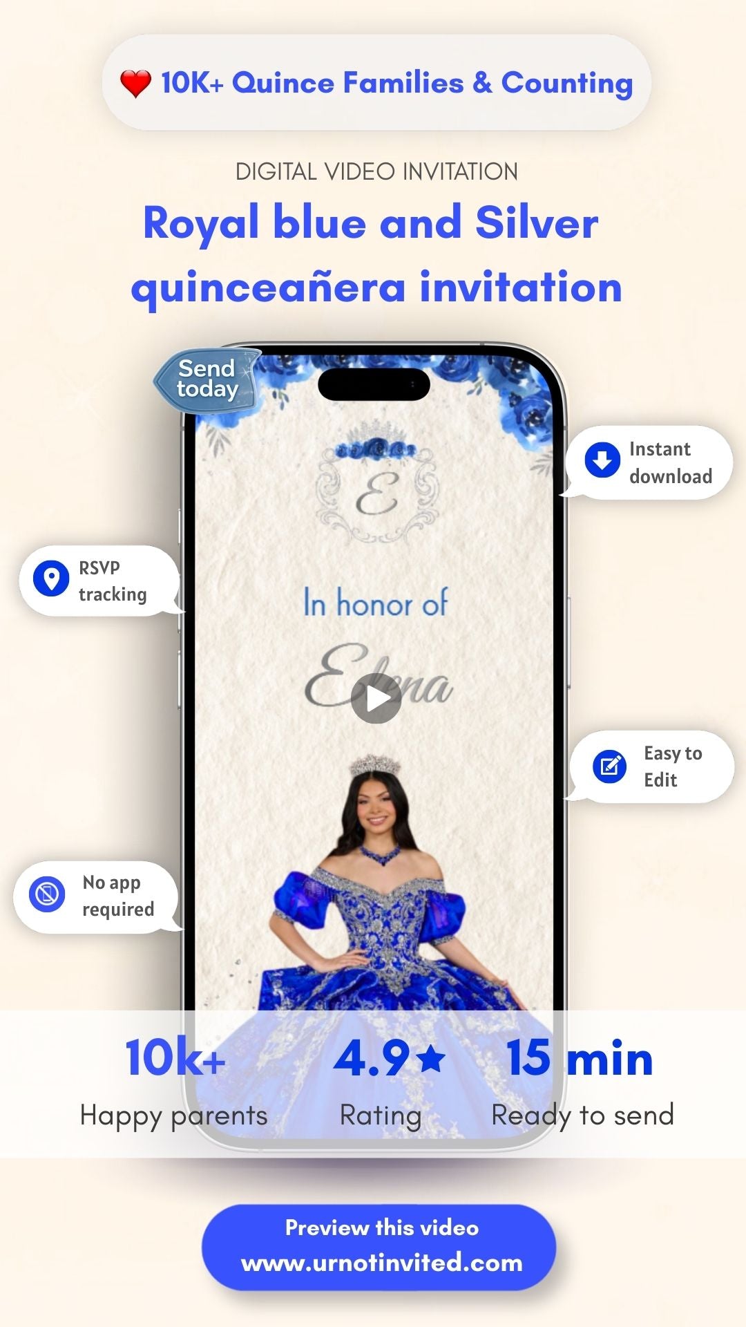 Royal Blue &amp; Silver Quinceañera Video Invitation - royal blue floral quinceañera invite| Canva template | Instant download
