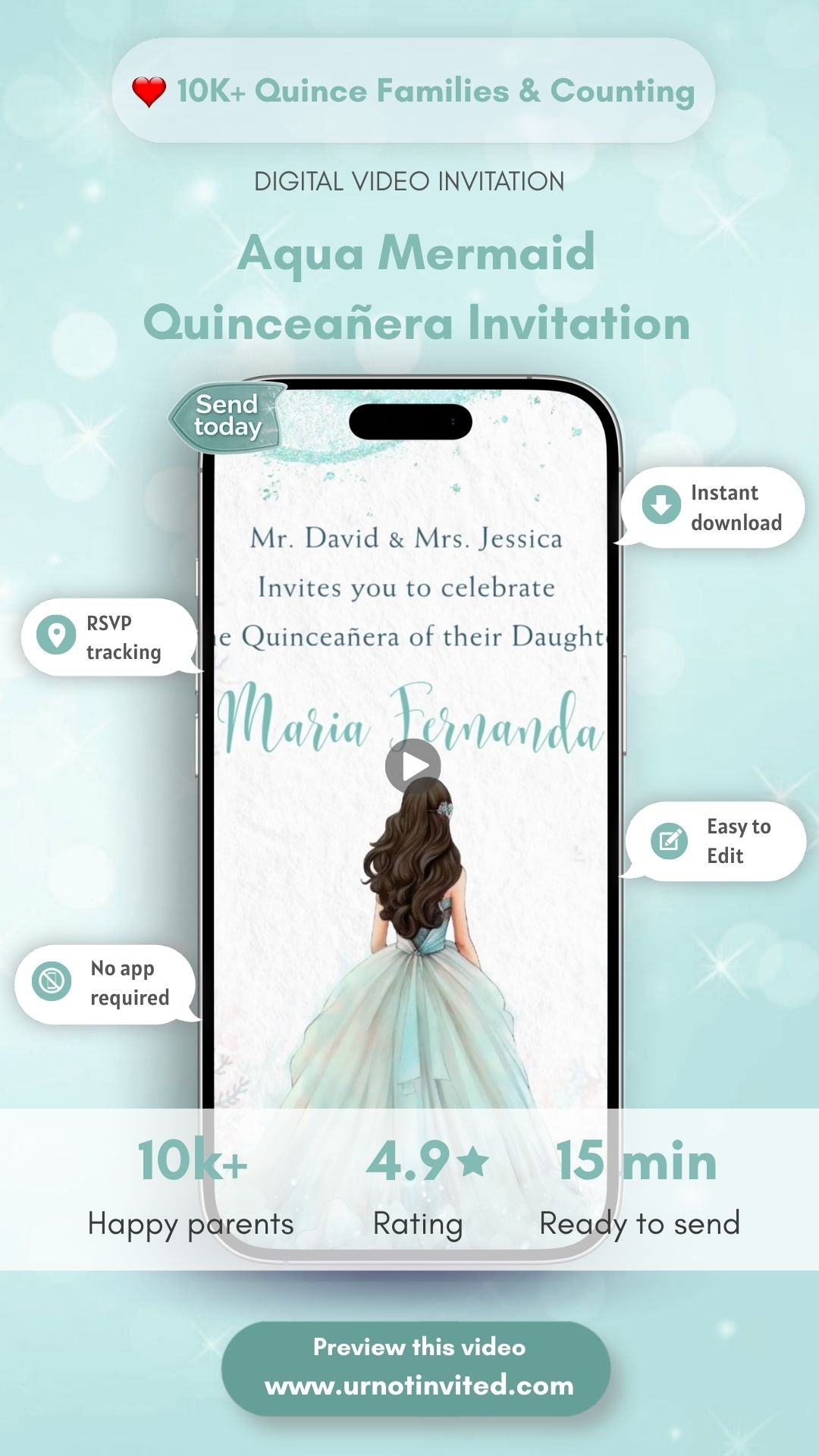 Aqua Mermaid Quinceañera Video Invitation – Under the Sea Princess Sweet 15 Animated Invitation | Canva Template | Instant Download