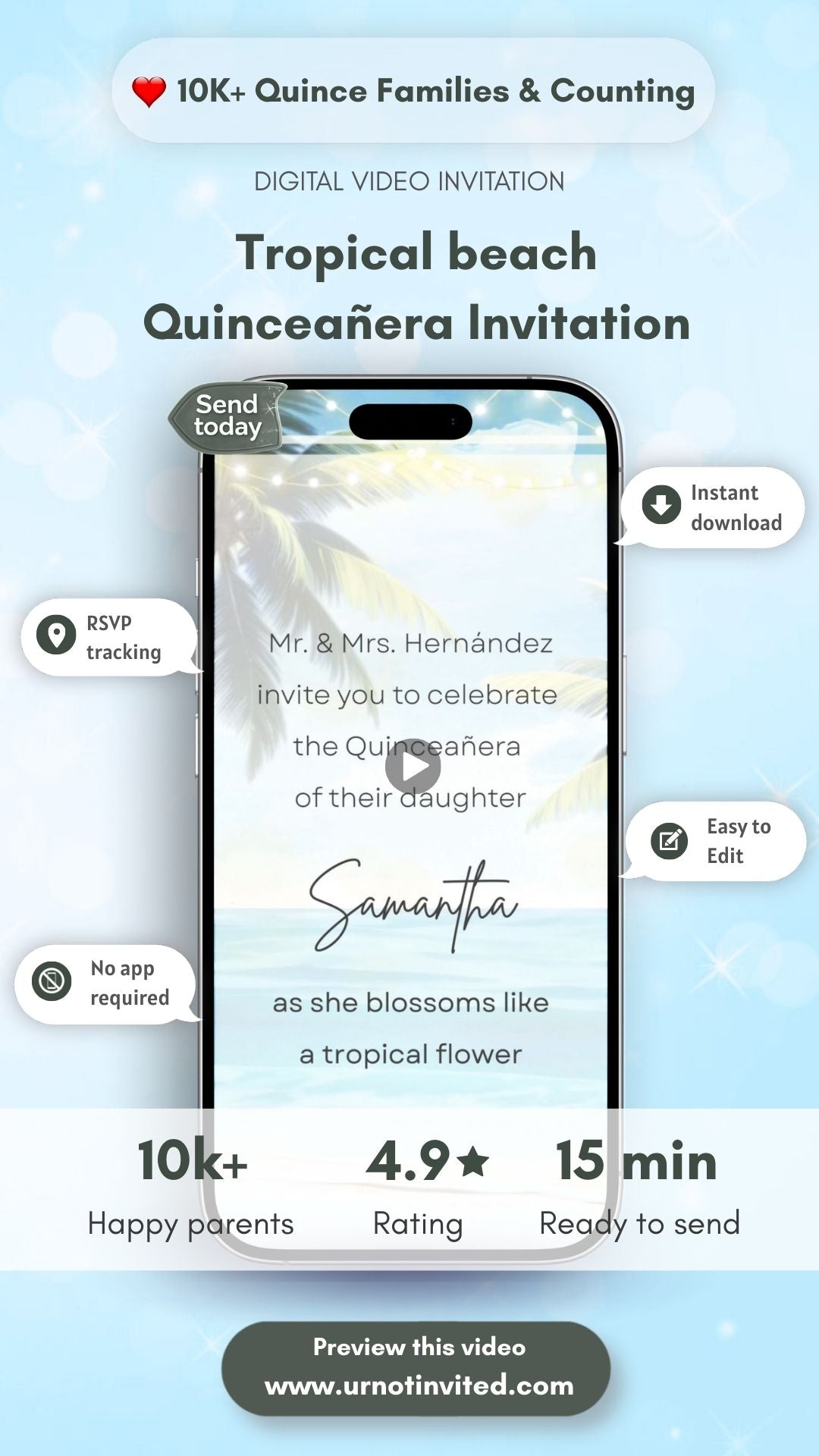 Tropical Beach Quinceañera Video Invitation | Summer Beach Quinceanera Invite Template | Editable Canva Video Invitation | Instant Download