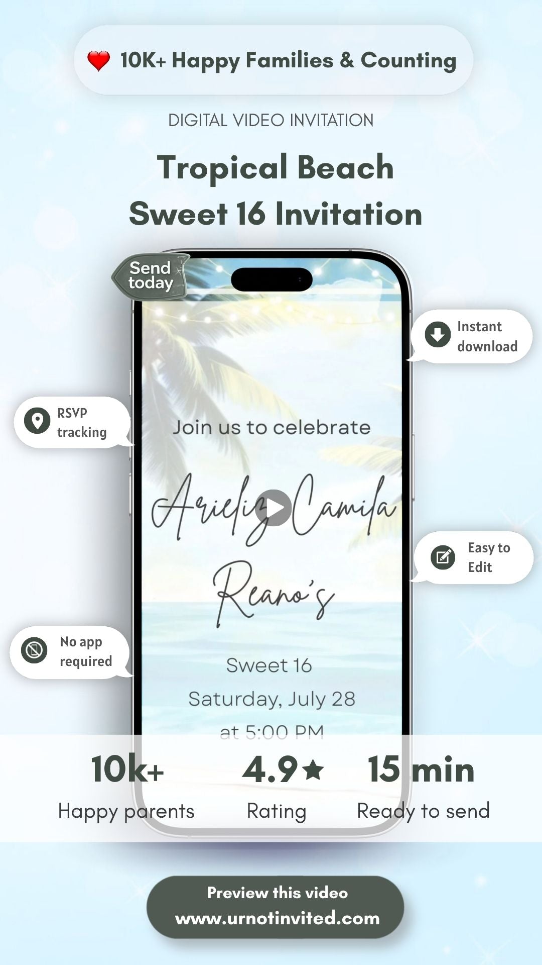 Tropical Beach Sweet 16 Video Invitation | Summer Beach Party Sweet Sixteen Invite | Digital Canva Template | Instant Download