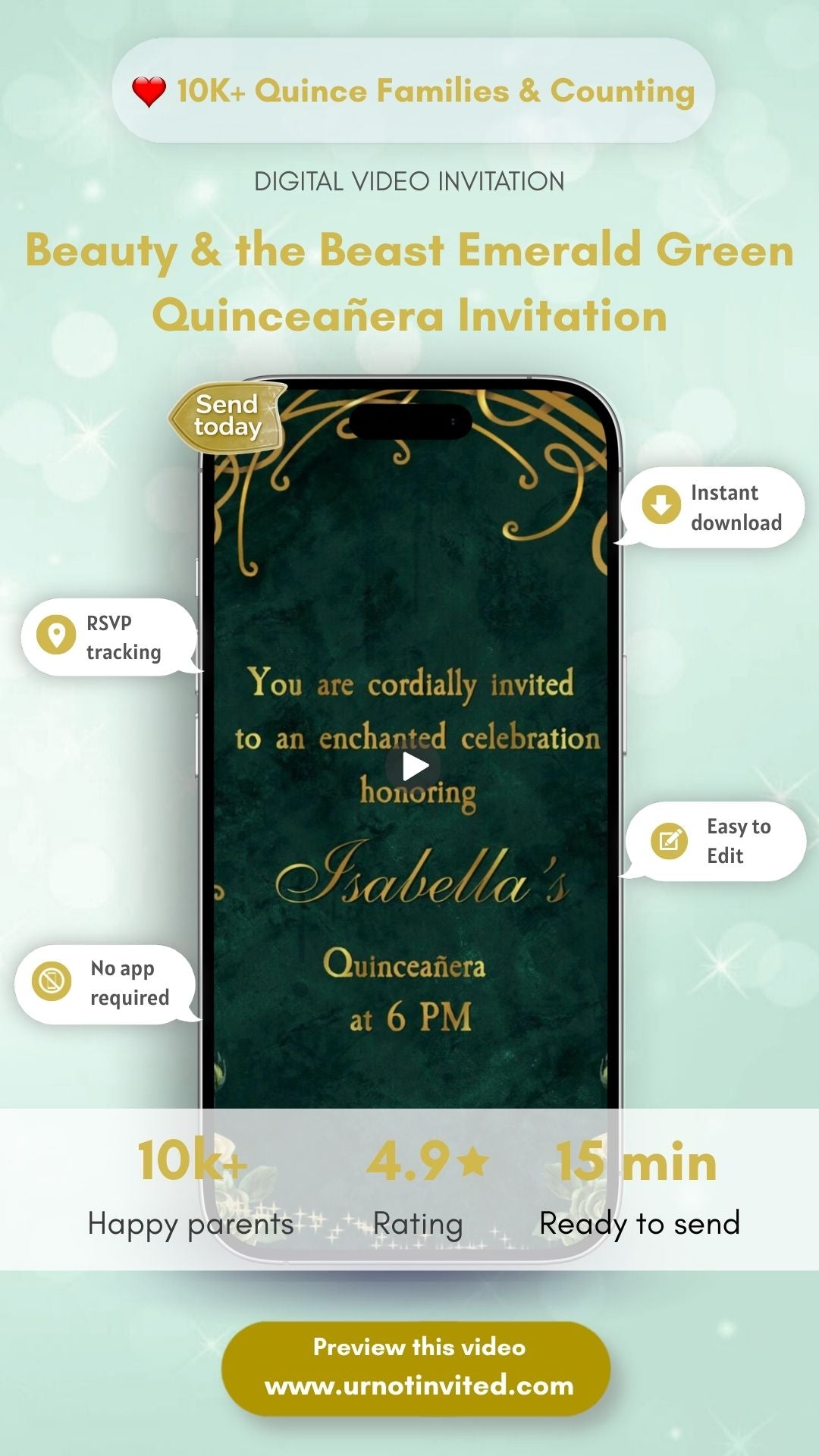 Emerald Green Quinceañera Video Invitation Template – Beauty &amp; Beast Princess Digital Invite