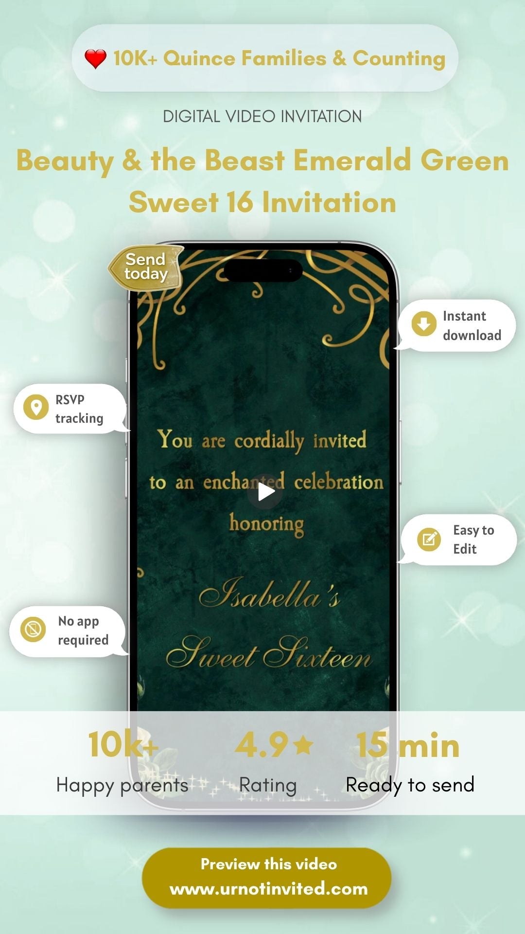 Beauty and the Beast Sweet 16 Video Invitation | Emerald Green Princess Birthday Evite | Animated Digital Invite | Canva Template | Instant Download