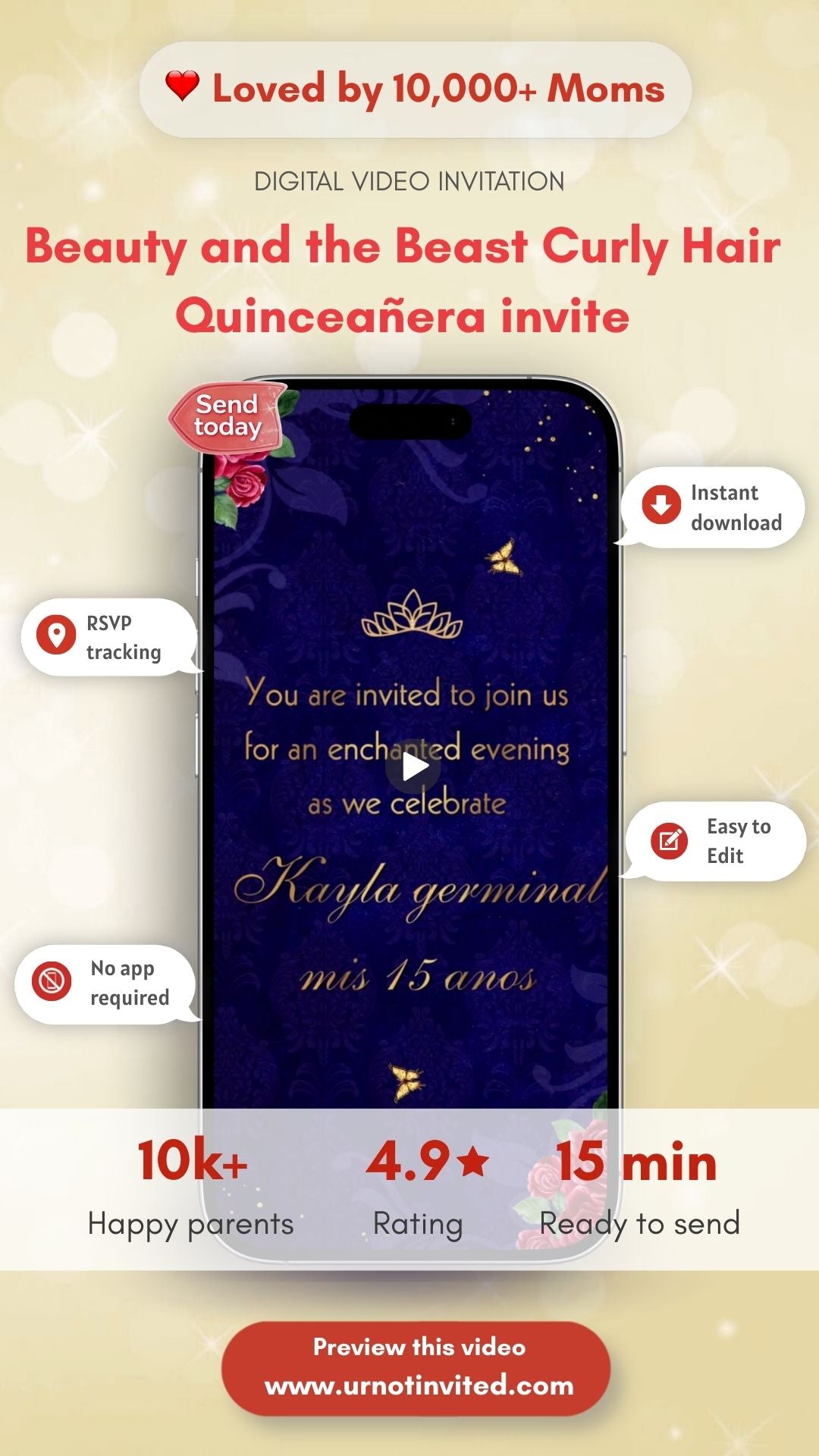 Beauty and the Beast Quinceañera Invitation – Brown Princess Curly Hair Quince Party Invite | Canva Template | Instant Download