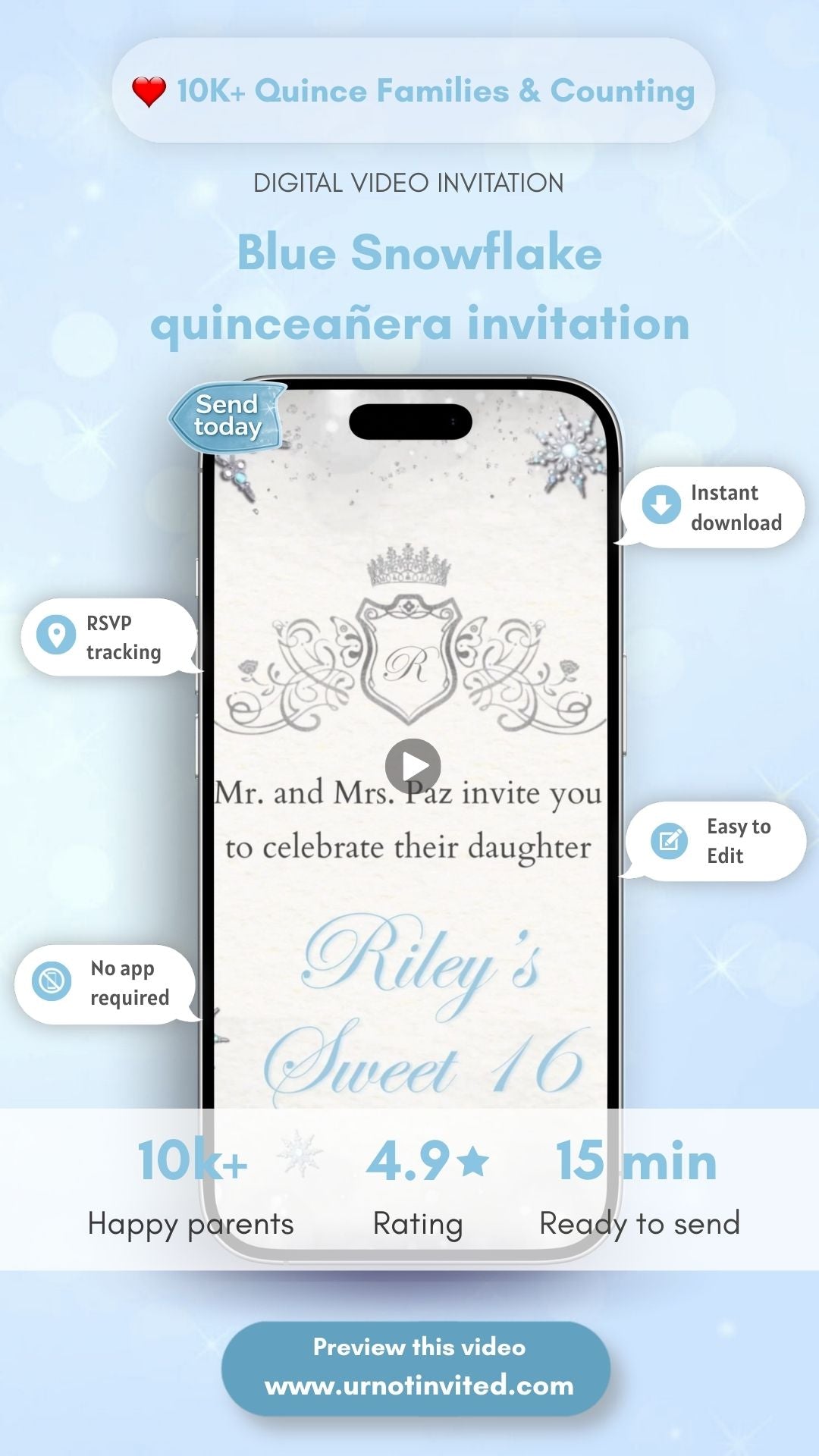 Blue Snowflake Quinceañera Video Invitation • Winter Snowflake Quince Party Invite • Blue Winter Quinceañera Digital Invite • Canva Template • Instant Download