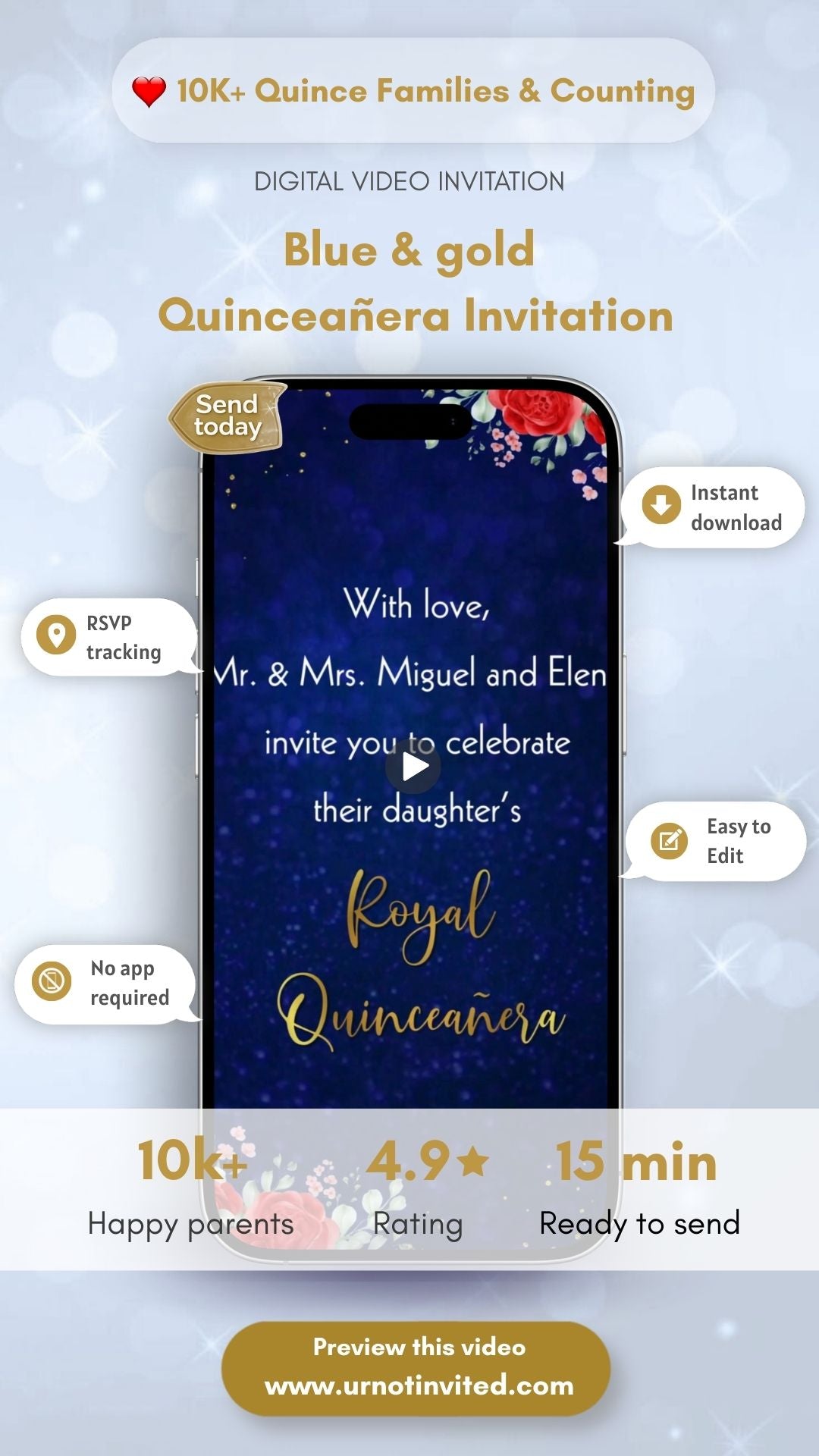 Blue &amp; Gold Quinceanera Birthday Video Invitation - Blue Quinceanera Theme Birthday Party Invite | Canva Template | Instant Download