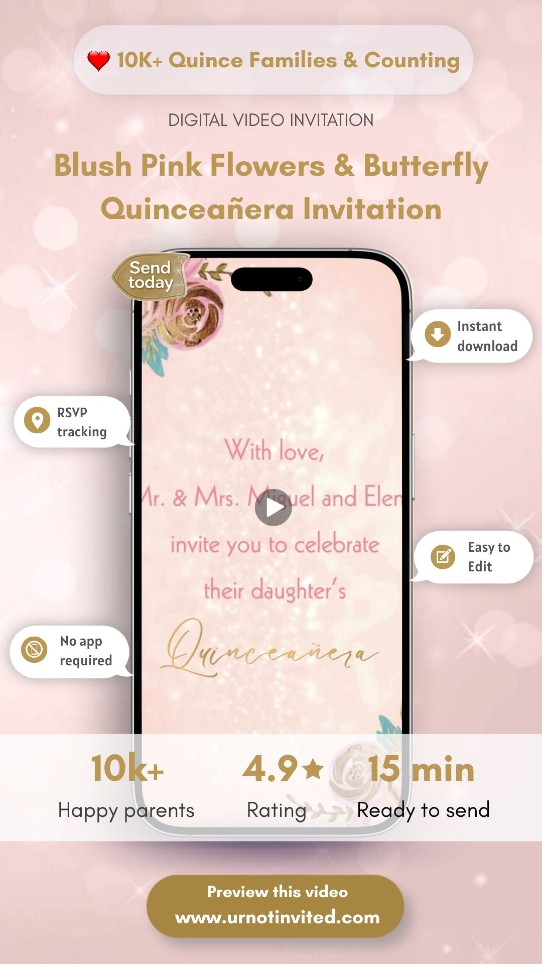 Blush Pink Flowers &amp; Butterfly Quinceañera Invitation – Elegant Quince Birthday Party Invite | Canva Template | Instant Download