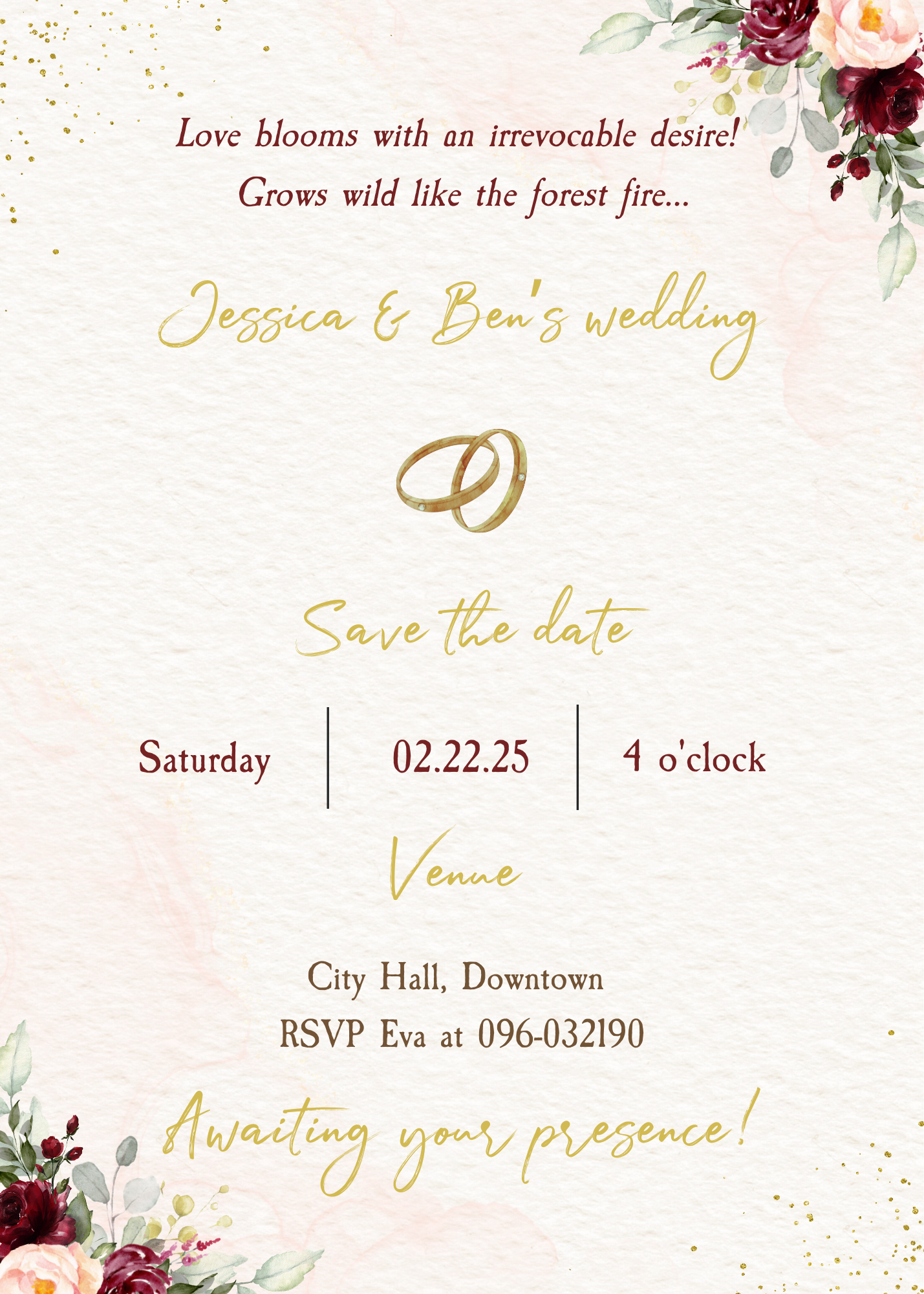 Tarjeta digital de invitación de boda burdeos