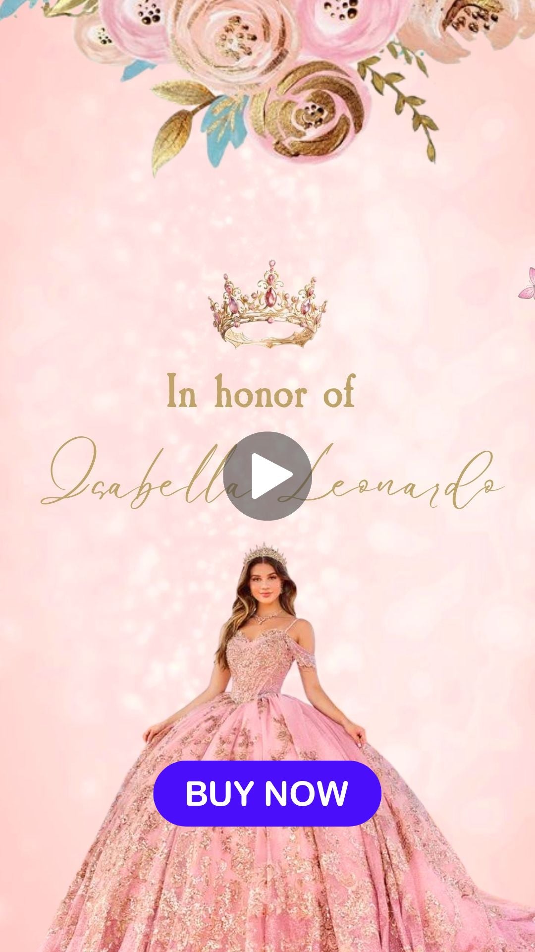 Quinceanera Video Invitation -  Blush Pink Flowers &amp; Butterfly Quinceanera Theme Invite