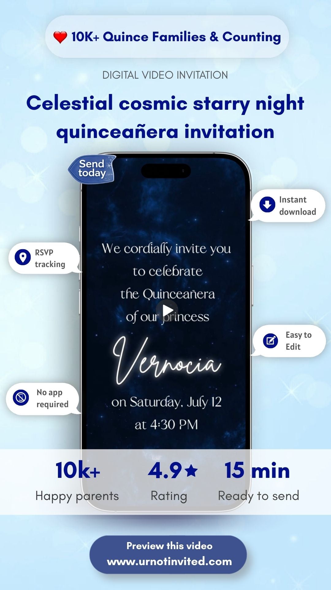 Celestial Cosmic Starry Night Quinceañera Birthday Invite - Cosmic Starry Night Quinceañera Digital Invitation | Canva Template | Instant Download