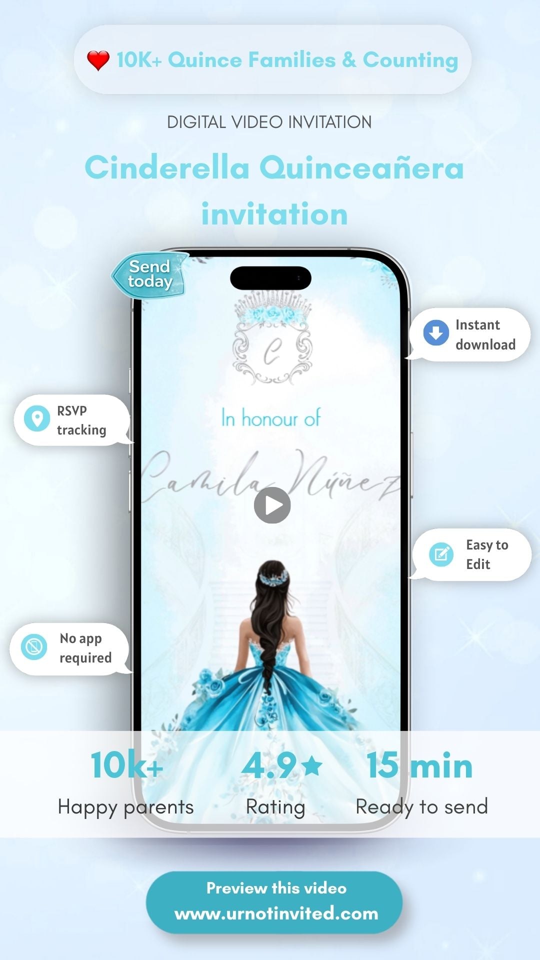 Cinderella Quinceañera Video Invitation -  cinderella quinceañera invite, quinceañera video invitation, princess quinceañera theme, digital quinceañera invite, animated quinceañera invitation, custom quinceañera video