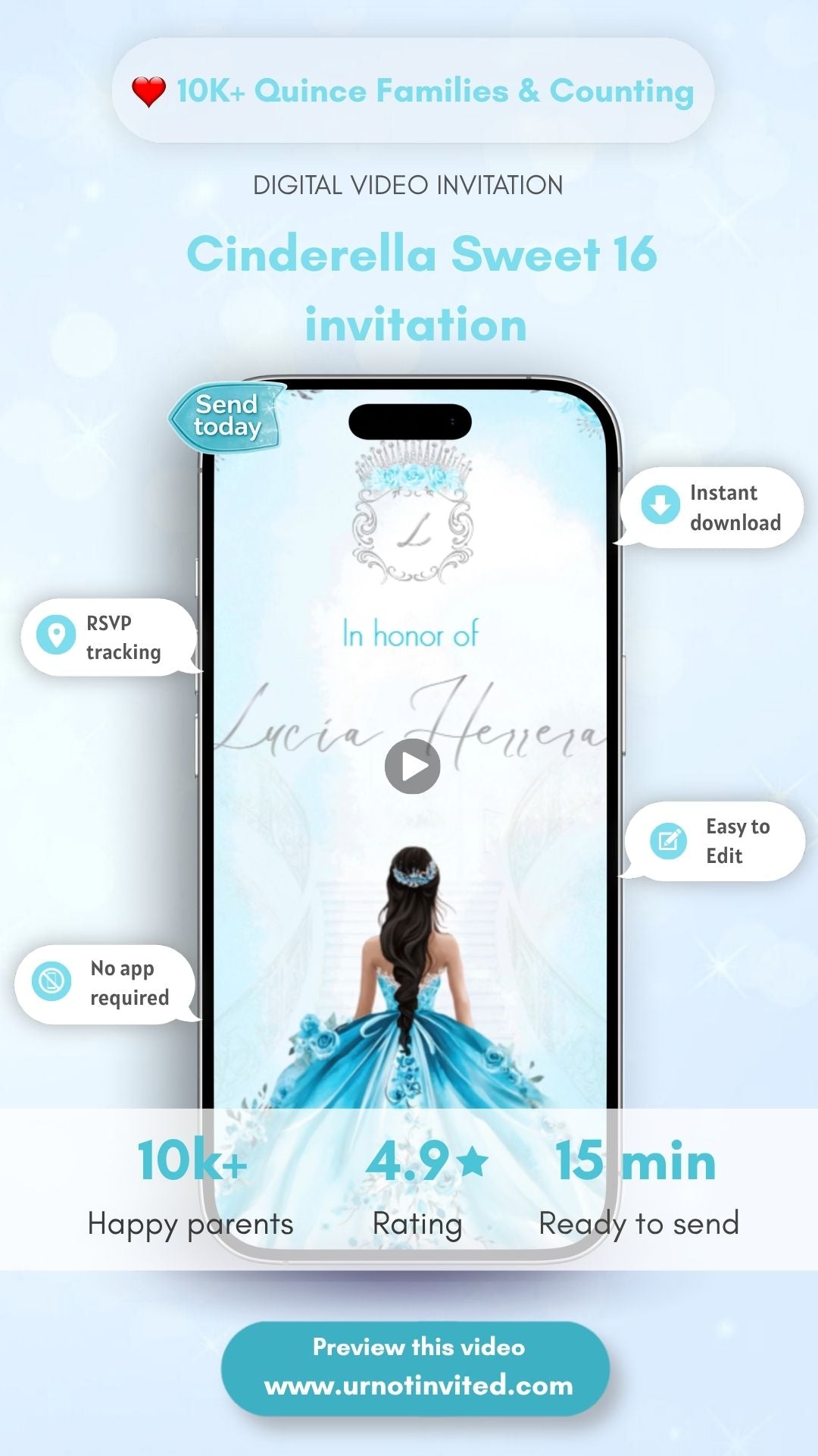 Cinderella Sweet 16 Invitation Video | Princess Blue Birthday Invite | Fairy Tale 16th Party Canva Template | Instant Download