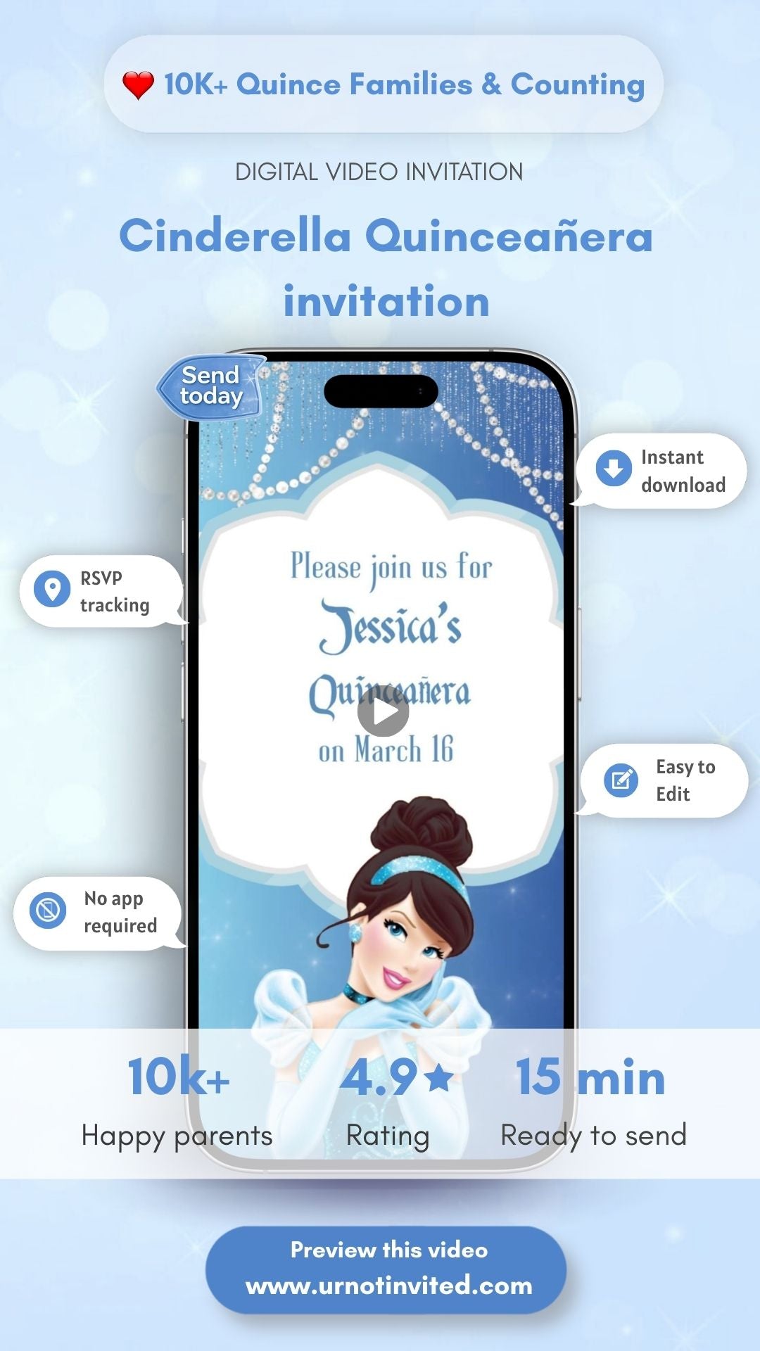 Cinderella Quinceañera Video Invitation – Princess Sweet 15 Animated Template, Royal Blue Digital Invite | Canva Template | Instant Download